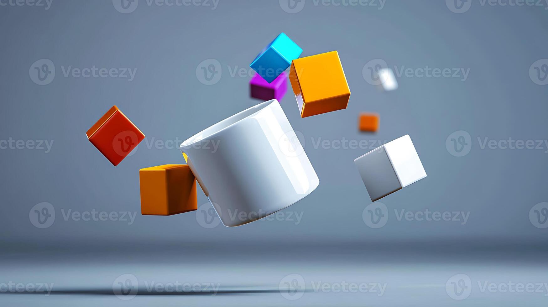 Colorful geometric shapes floating around a white cylindrical object in a minimalist setting photo