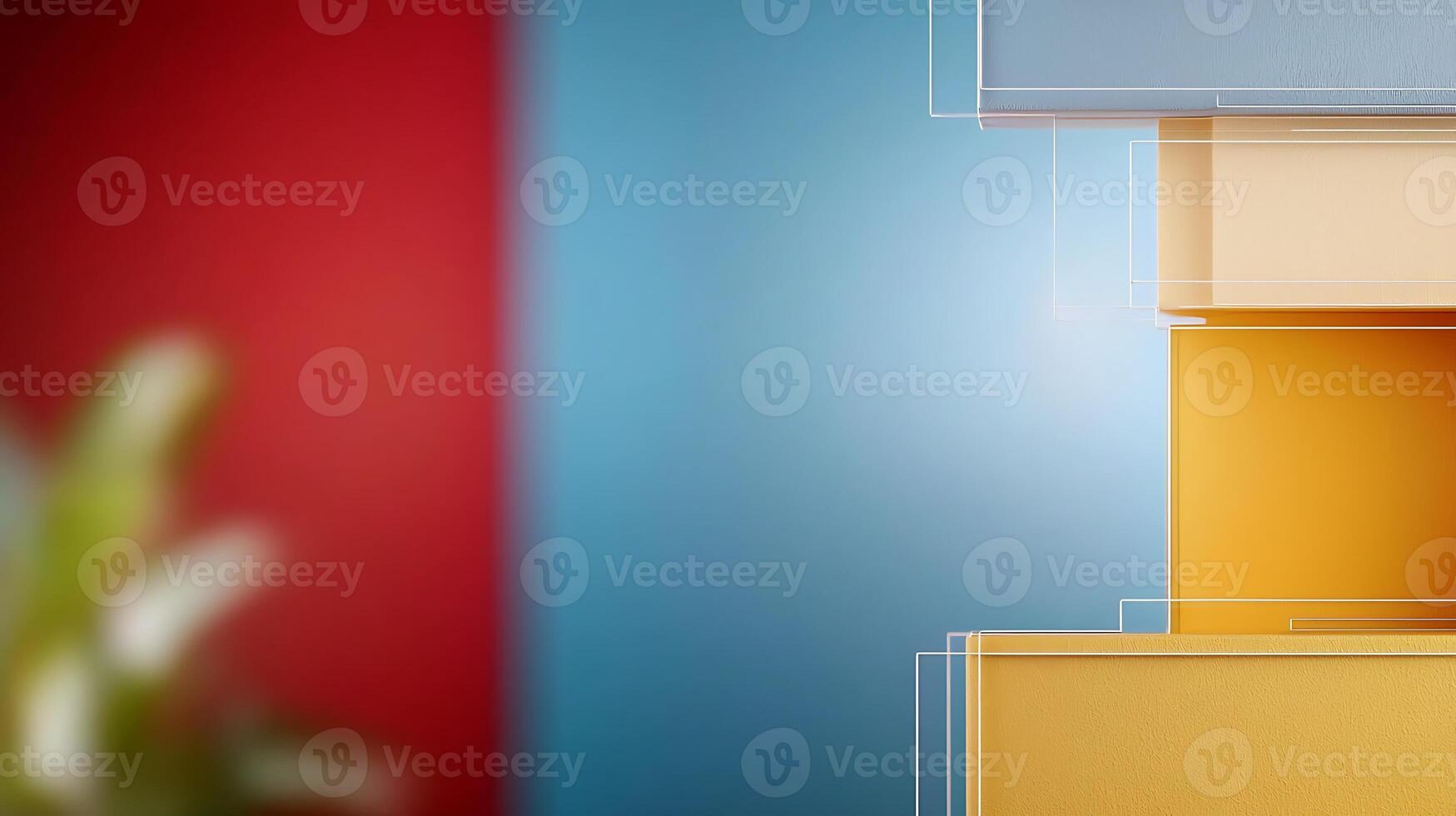 Colorful geometric shapes stacked against a vibrant background with soft focus on greenery photo