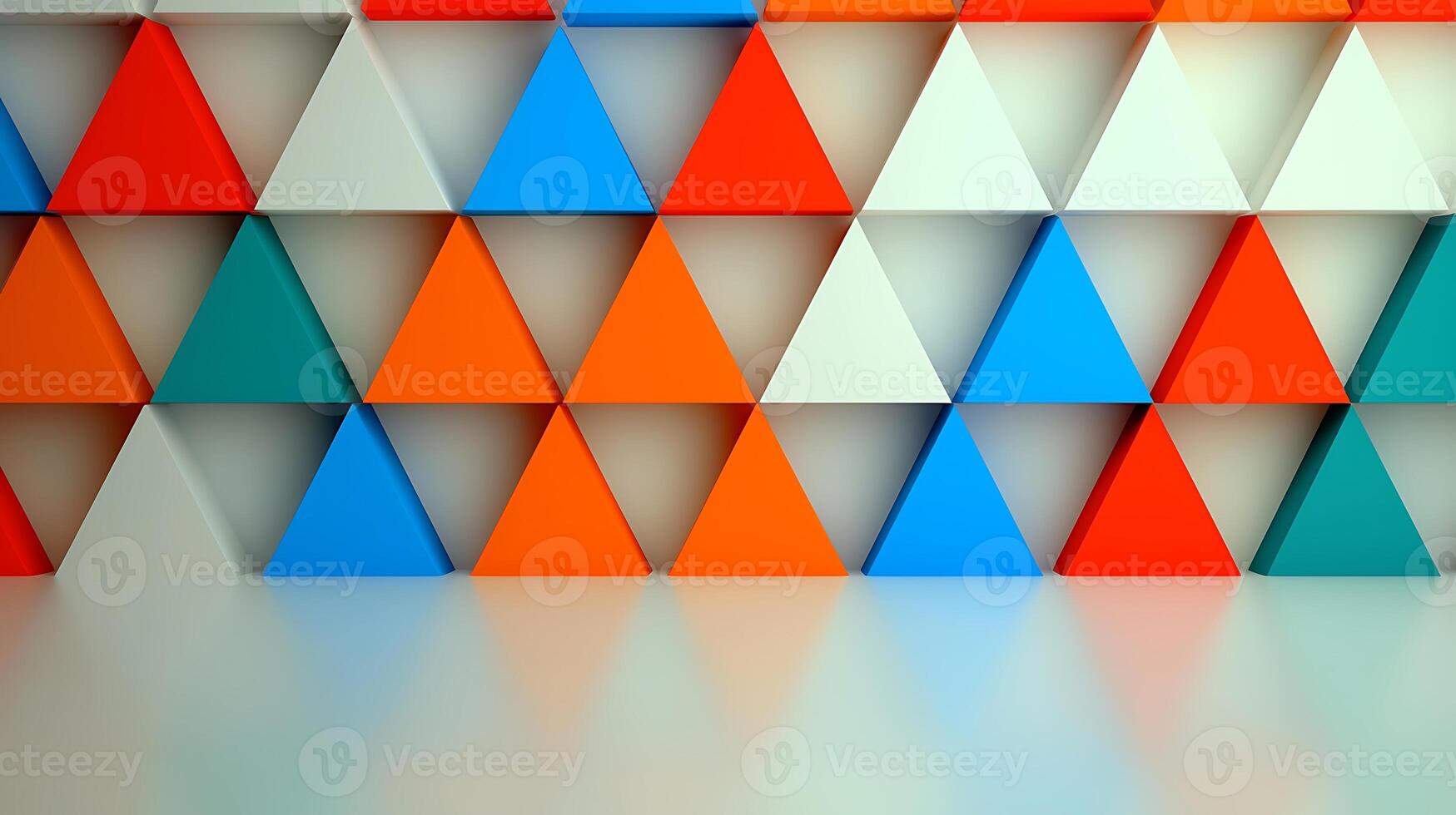 Colorful geometric triangles create an artistic wall design, enhancing a modern interior space photo