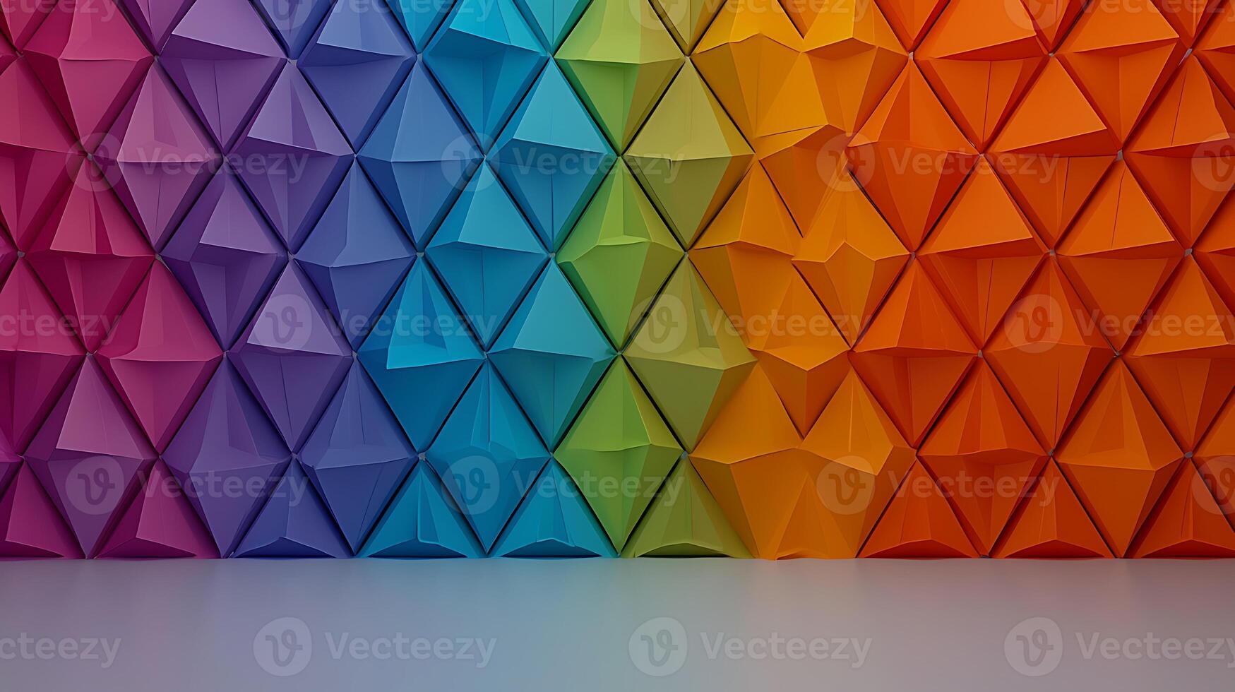 Colorful geometric wall design featuring vibrant triangular patterns in a gradient arrangement photo