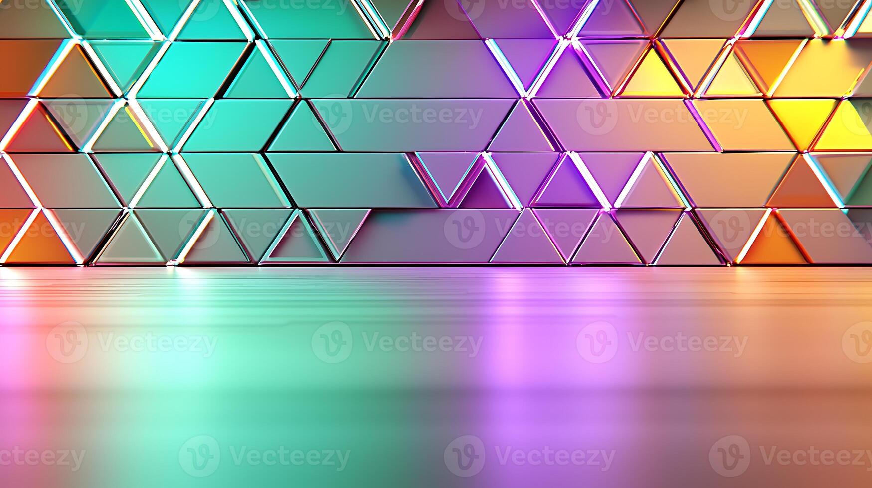 Colorful geometric wall design with illuminated triangular patterns and reflective surfaces photo