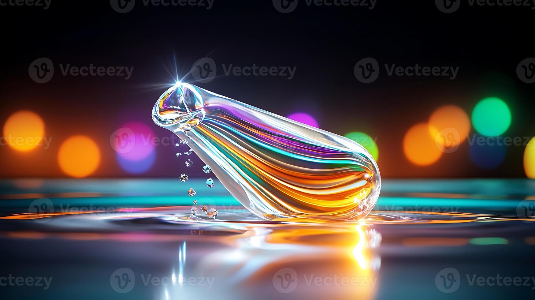 Colorful glass droplet reflecting vibrant lights, creating a mesmerizing atmosphere photo