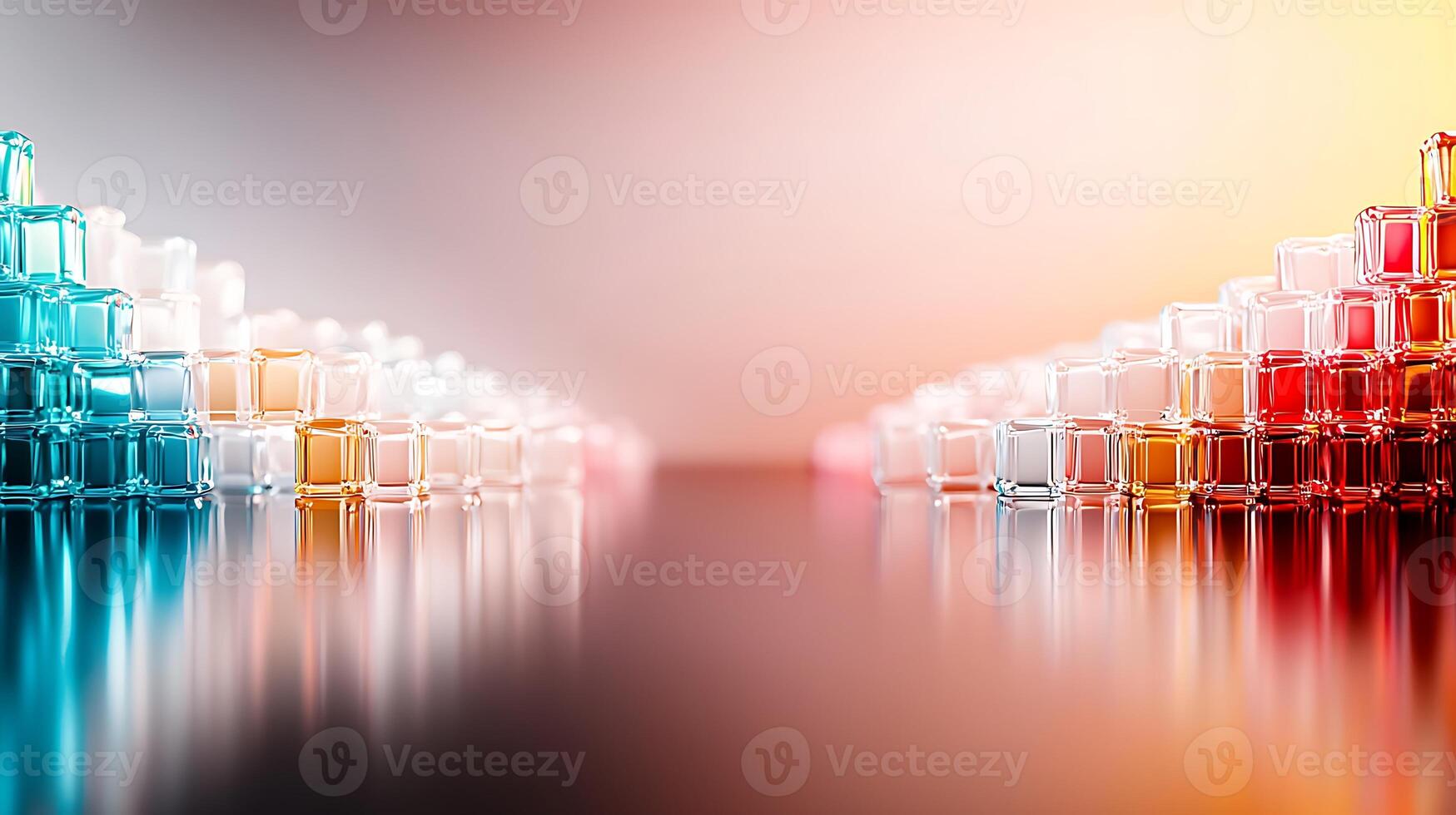 Colorful glass bottles arranged in a symmetrical pattern on a reflective surface, creating an artistic display photo