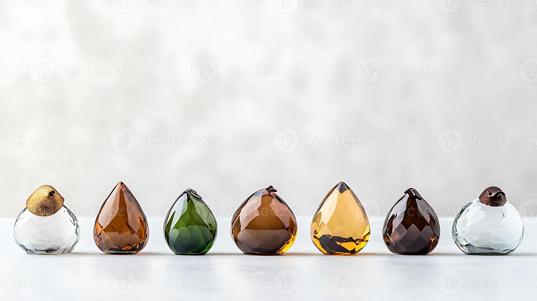 Colorful glass teardrop shapes arranged in a line on a light background, showcasing their reflections photo