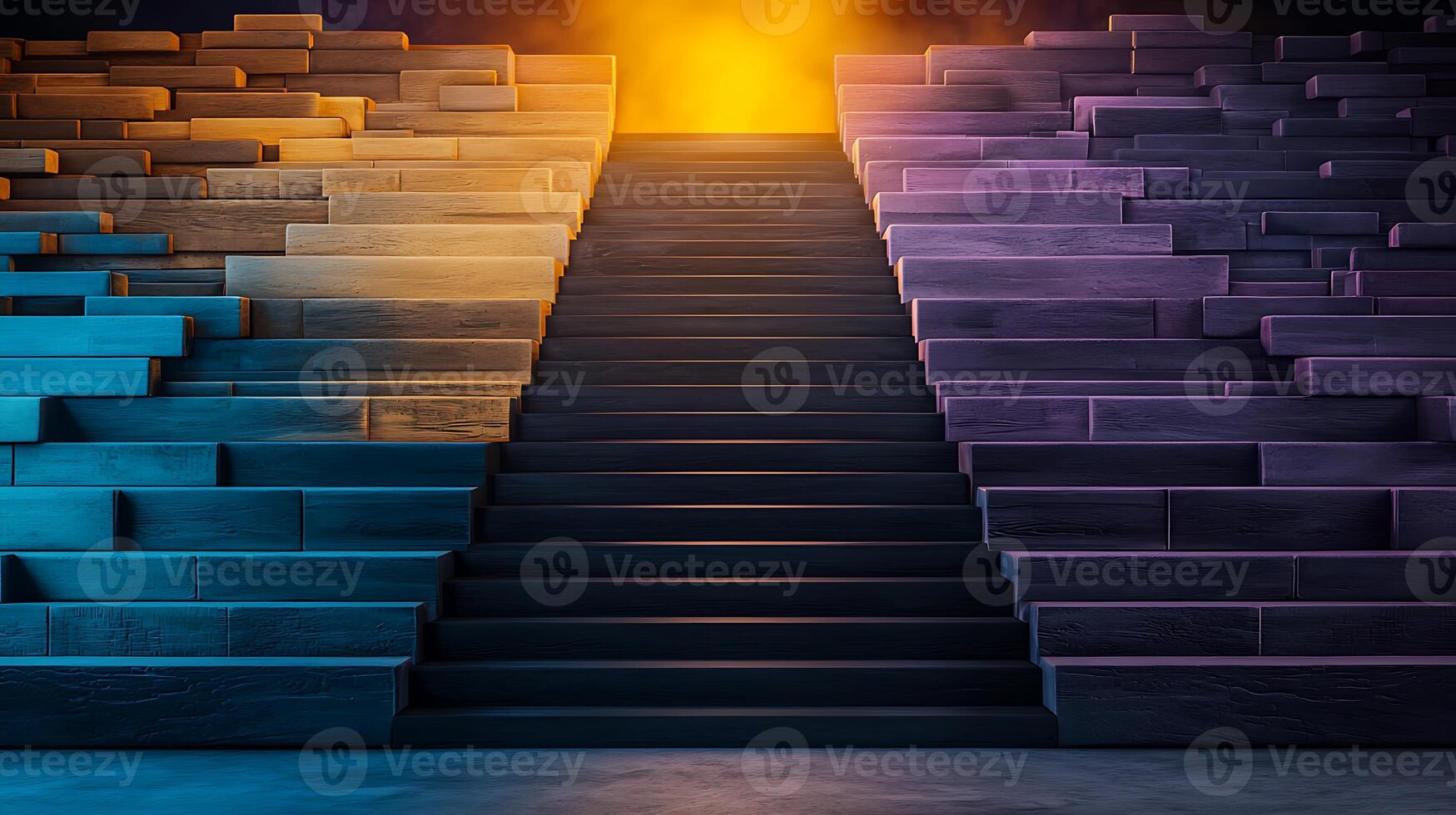 Colorful gradient staircase leading to a glowing orange light, creating a dramatic atmosphere photo