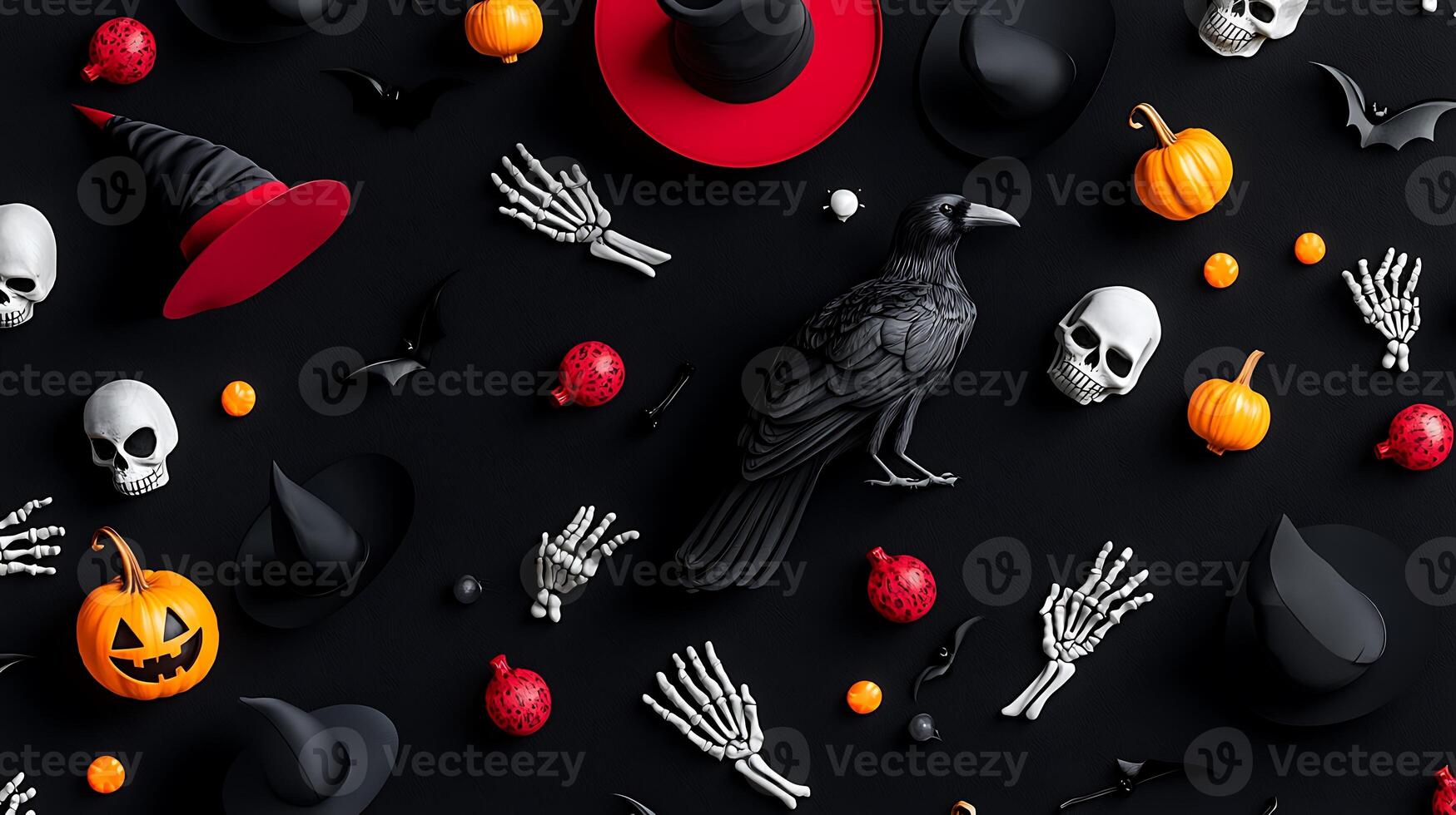 Colorful Halloween decorations including pumpkins, skulls, and bats on a dark background photo