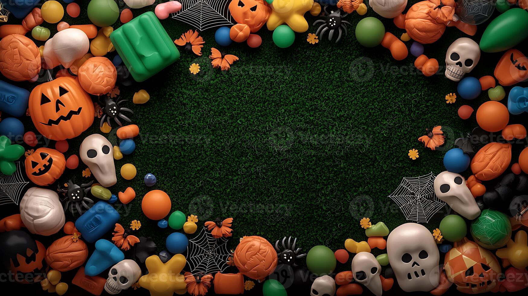 Colorful Halloween-themed decorations including pumpkins, skulls, and spiders on green grass background photo
