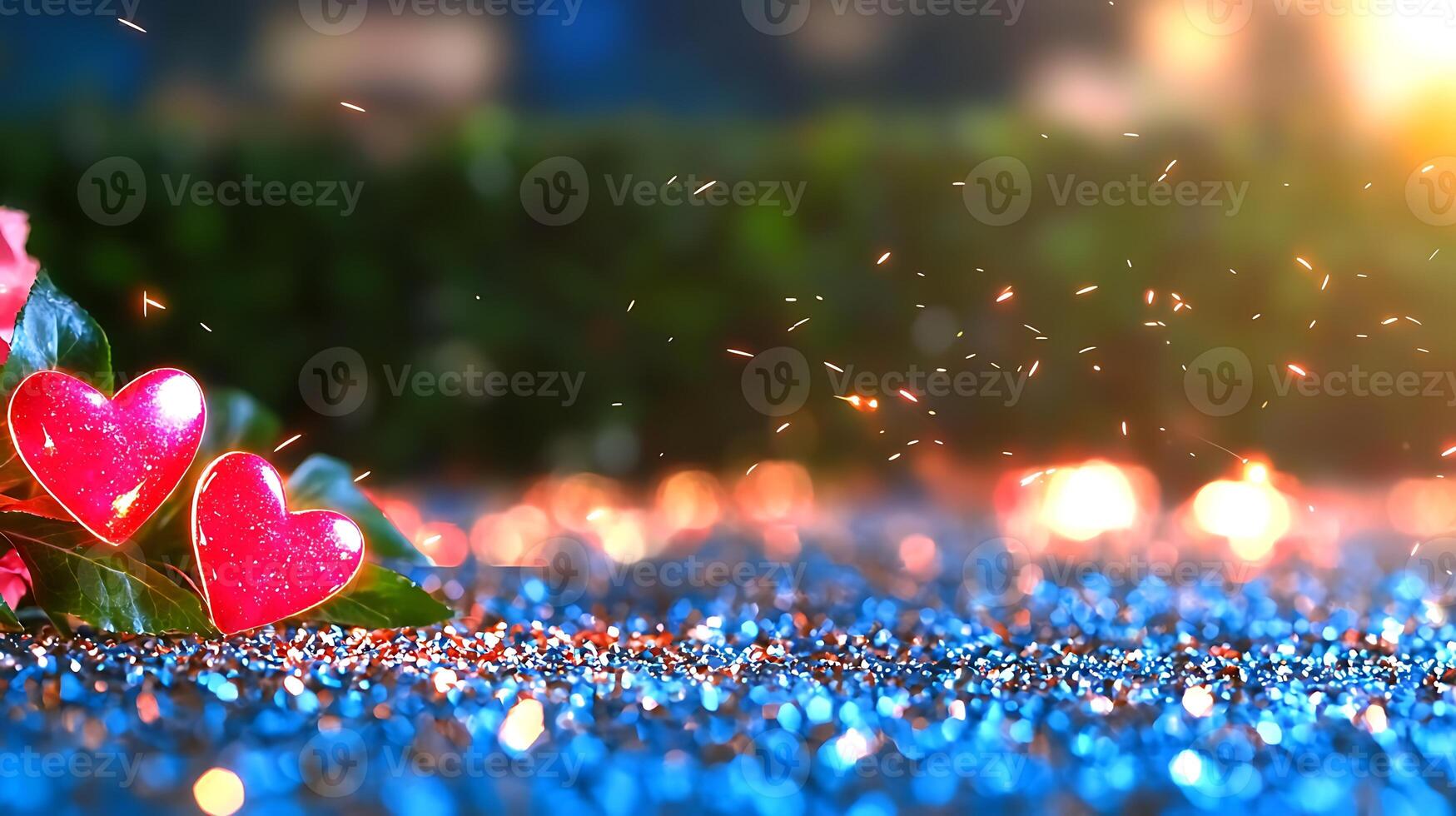 Colorful heart-shaped candies resting on vibrant blue glitter, surrounded by soft bokeh lights photo