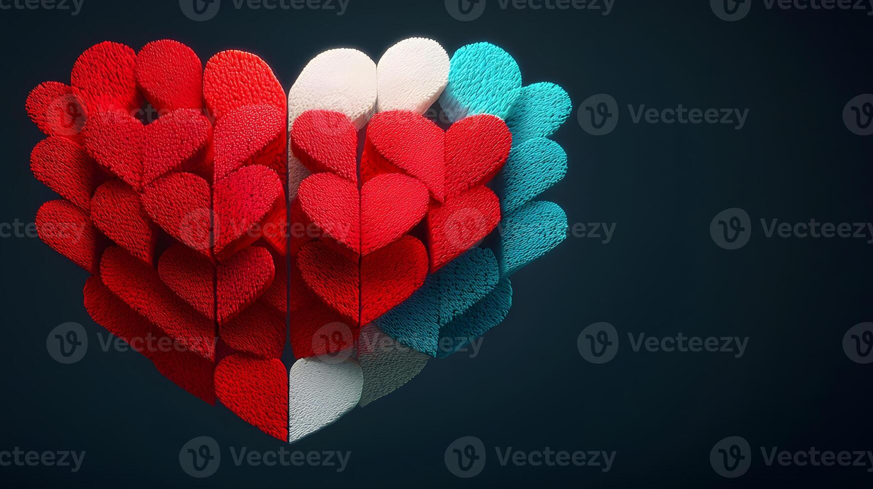 Colorful heart-shaped arrangement of textured elements on a dark background, symbolizing love photo