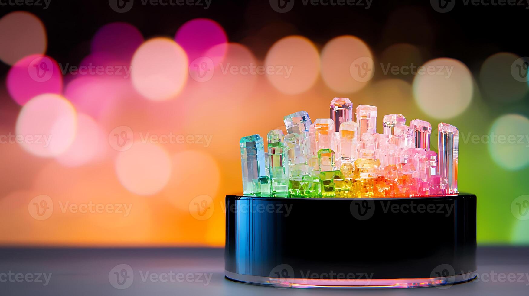 Colorful illuminated crystals arranged on a circular base with a vibrant bokeh background photo