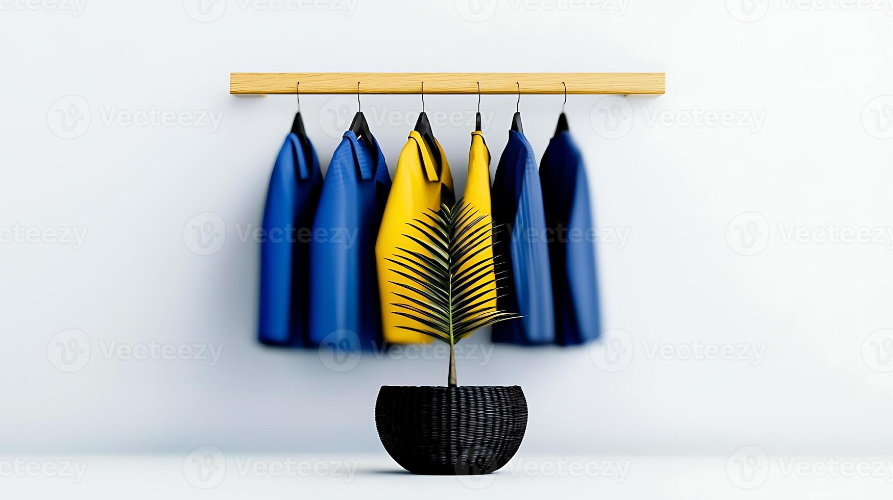 Colorful jackets hanging on a wooden rack with a potted palm plant in a minimalist setting photo