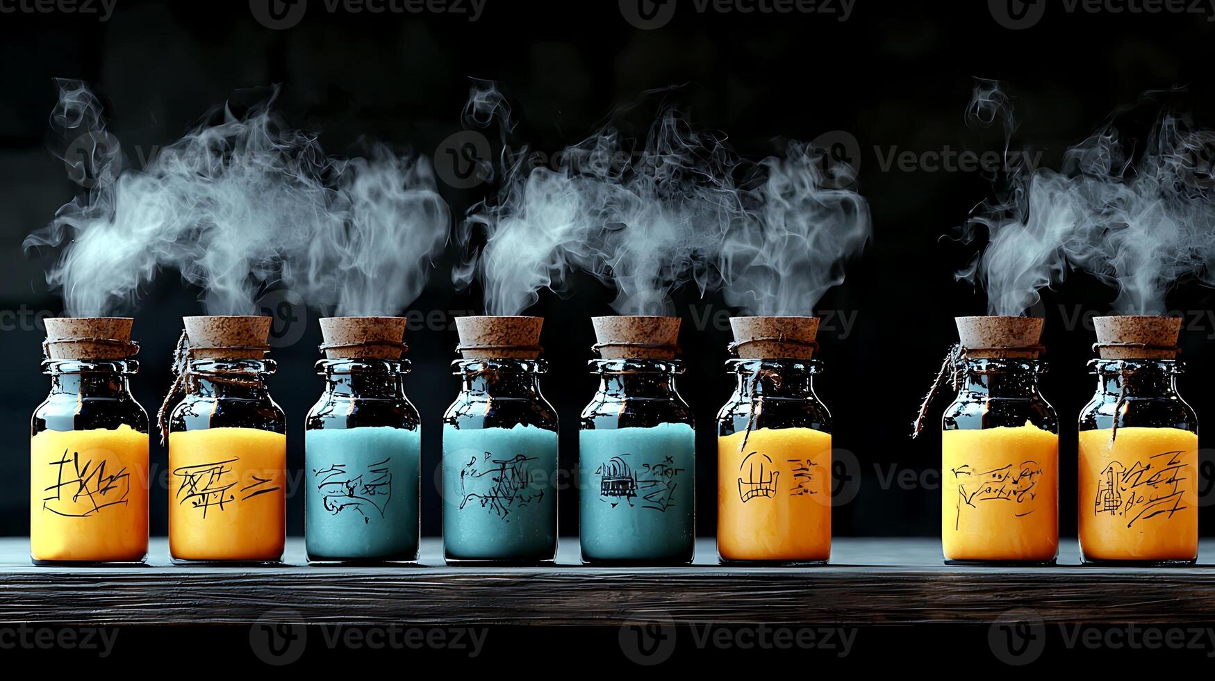Colorful jars emitting steam, showcasing vibrant liquids on a rustic wooden table in a dimly lit setting photo