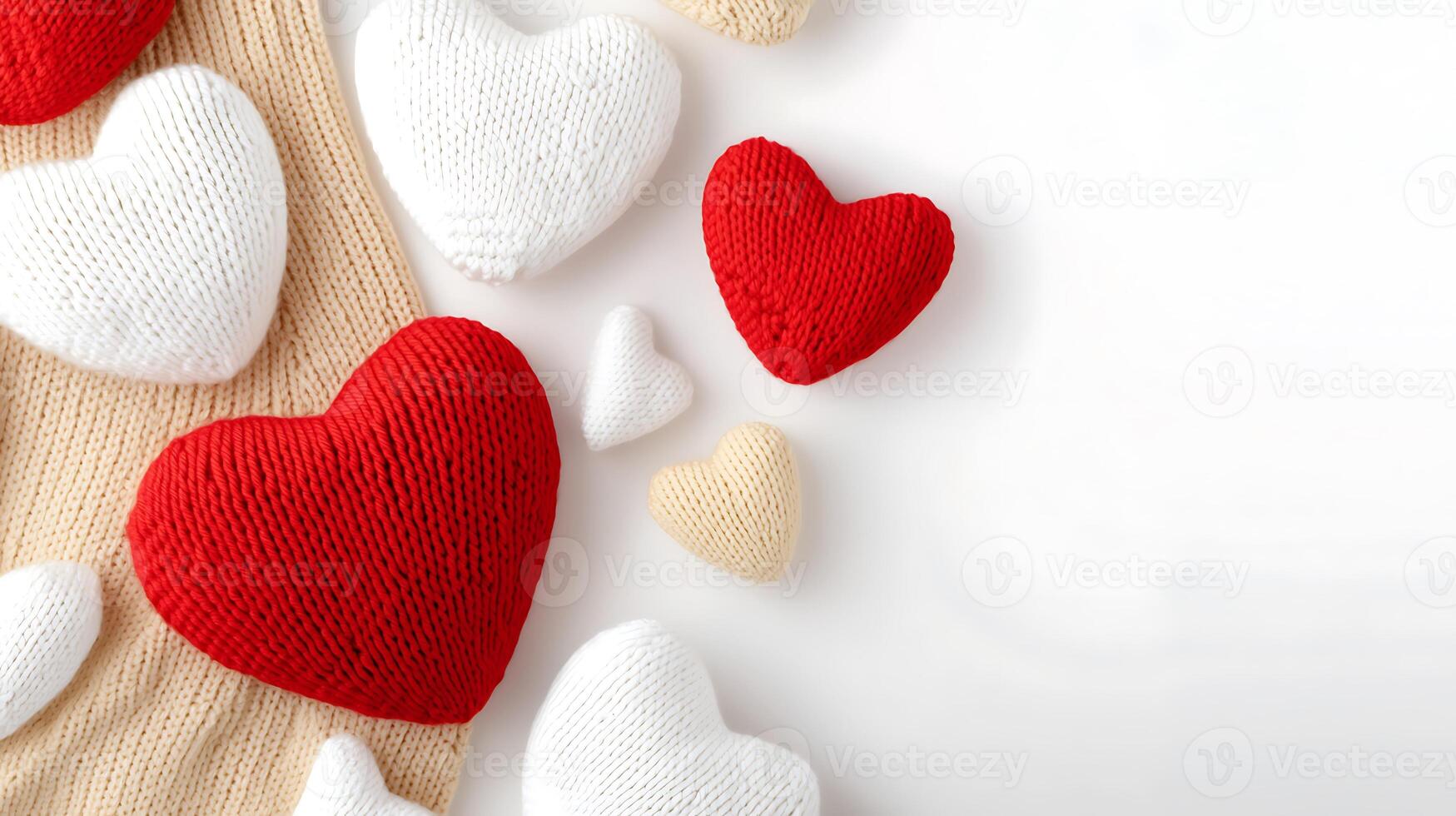 Colorful knitted hearts arranged on a soft background, creating a cozy and romantic atmosphere photo