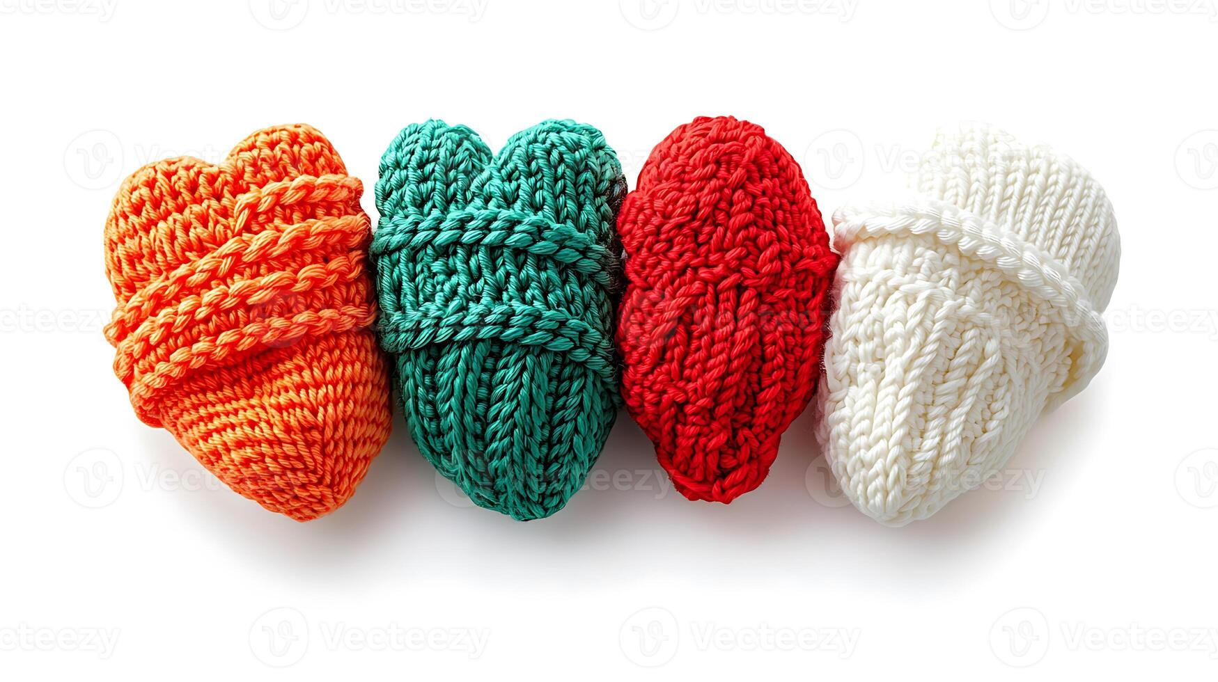 Colorful knitted hearts in vibrant hues arranged in a row, showcasing craftsmanship and warmth photo