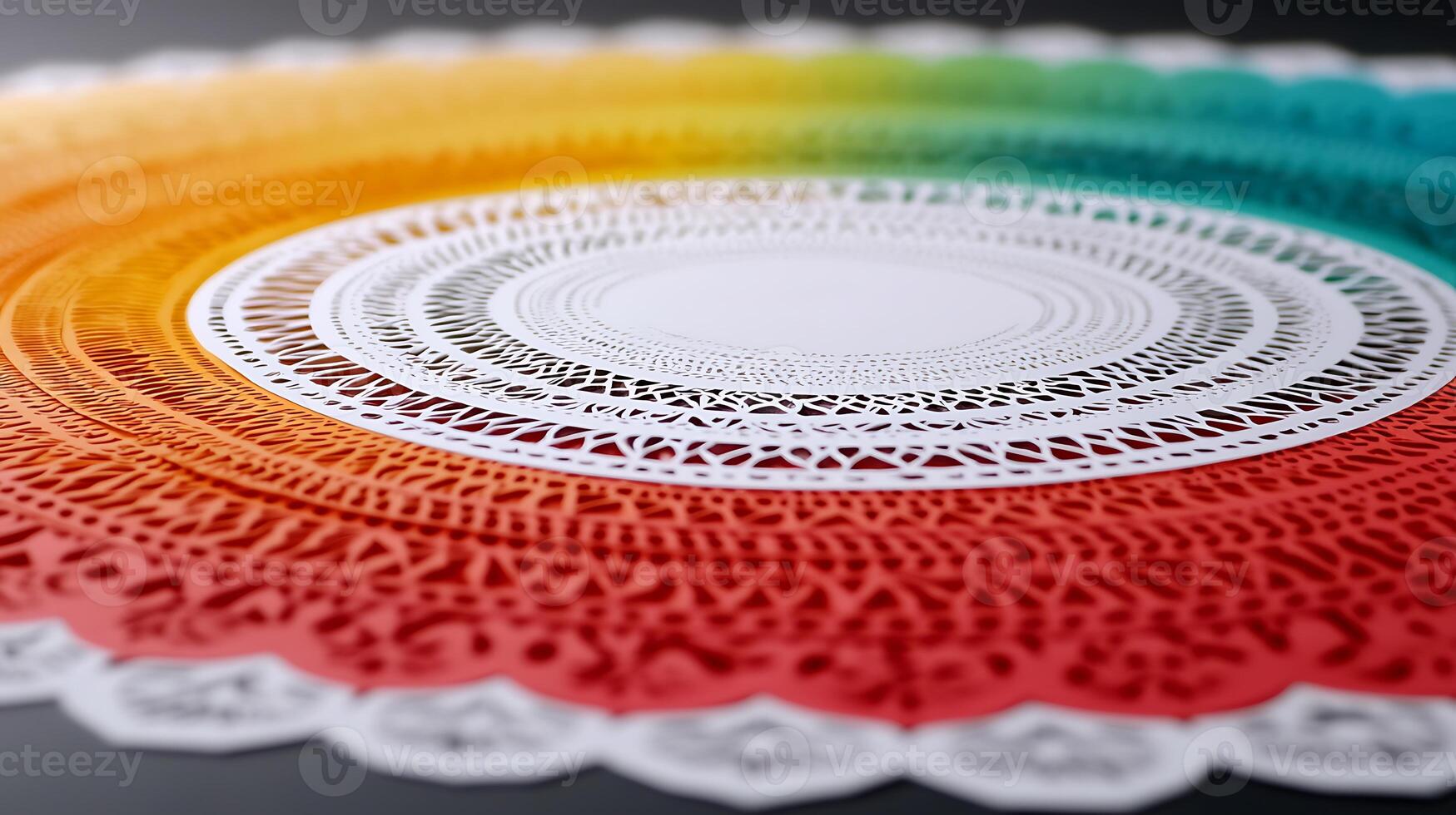 Colorful lace doily with intricate patterns and gradients, set against a dark background photo