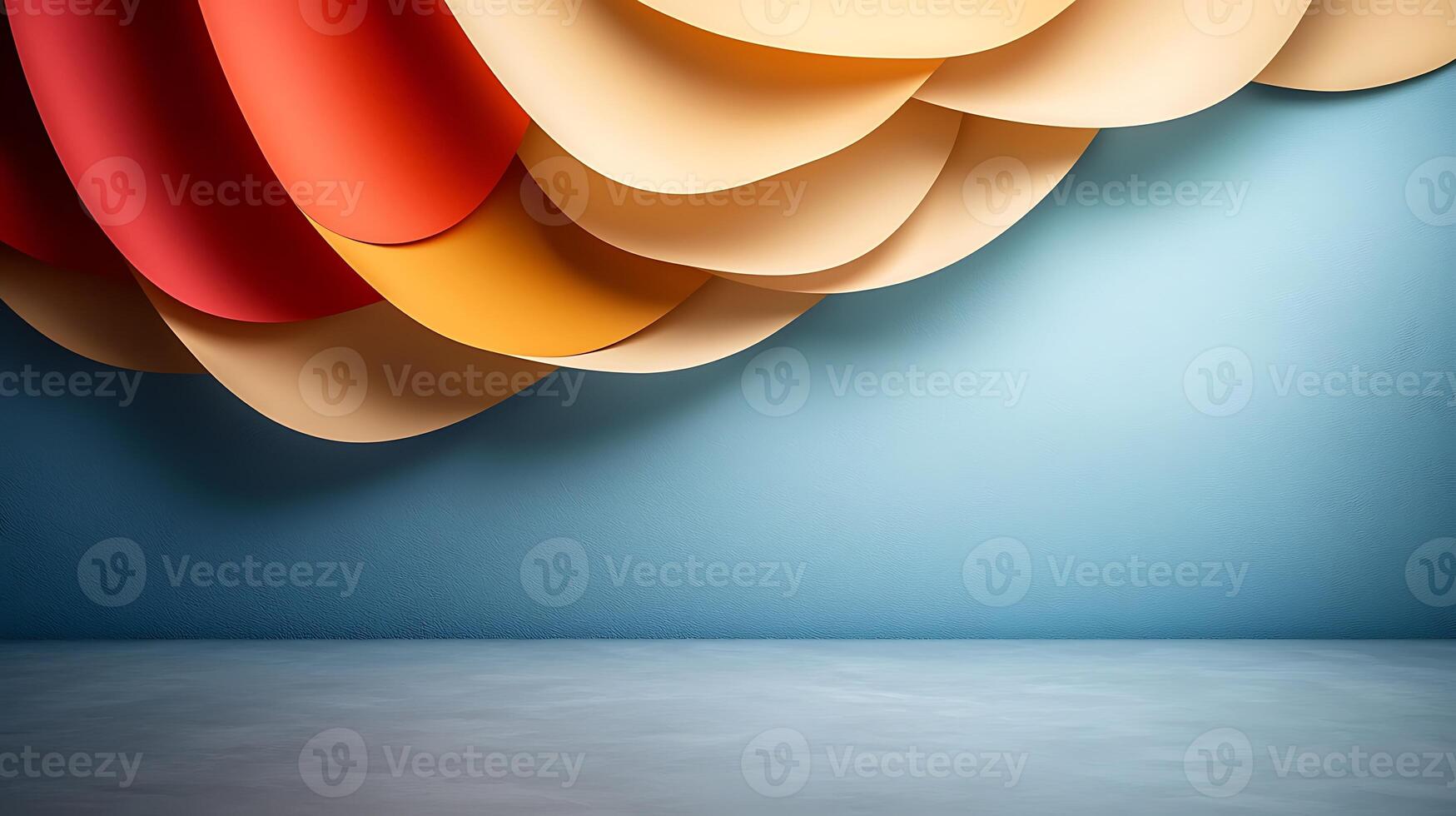 Colorful layered paper design with a smooth blue wall and empty floor, ideal for creative backgrounds photo