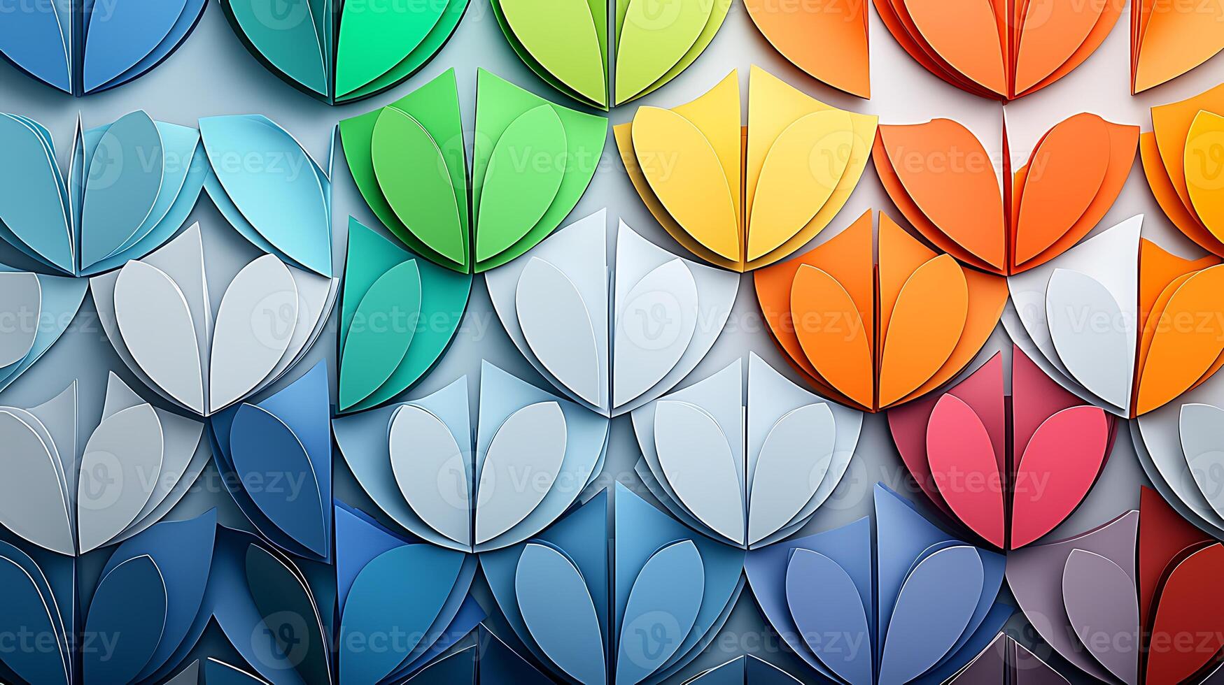 Colorful layered paper leaves creating a vibrant abstract wall art design with depth and texture photo