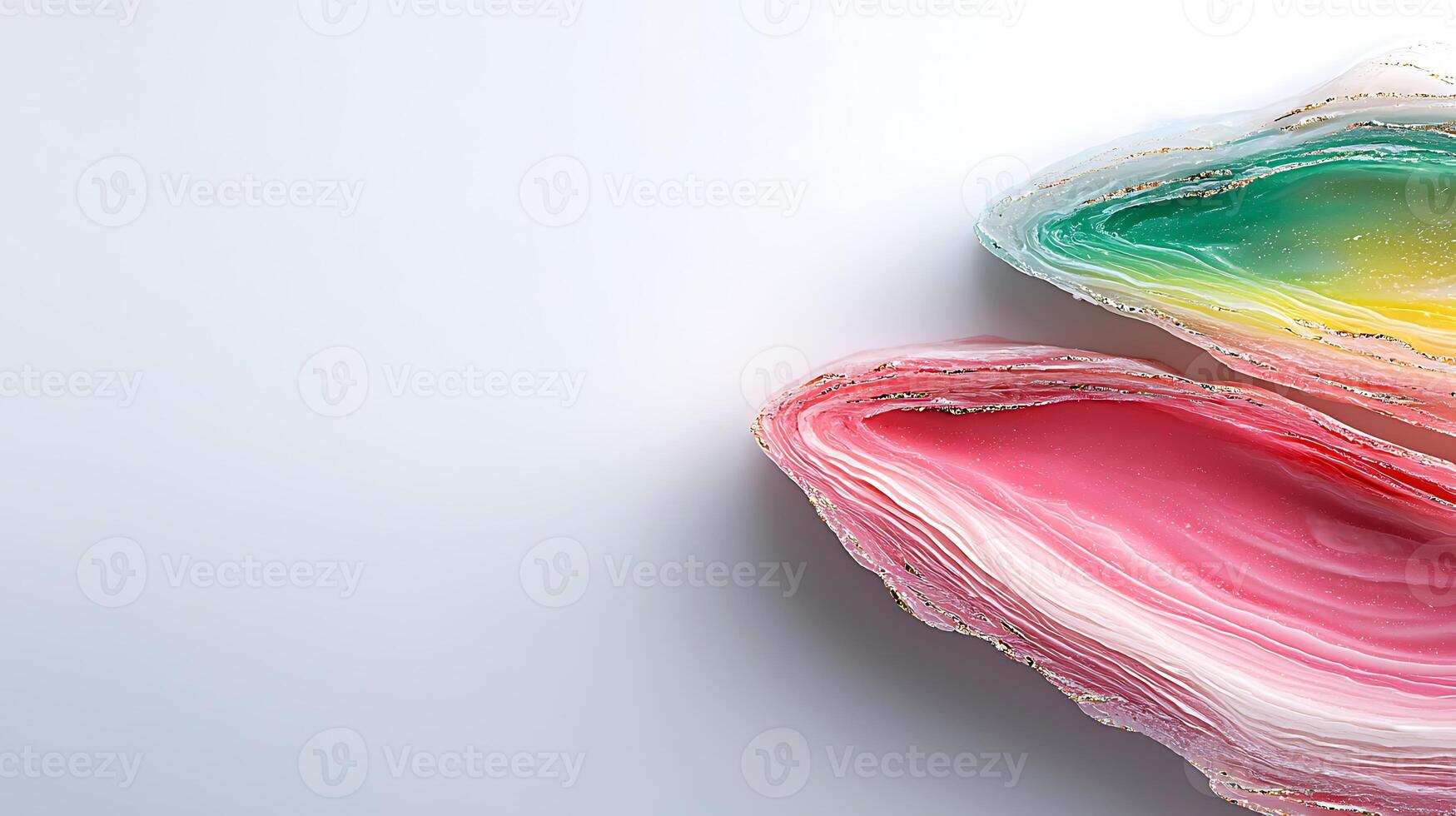 Colorful layers of agate stone displaying vibrant hues of pink, green, and yellow on a white background photo