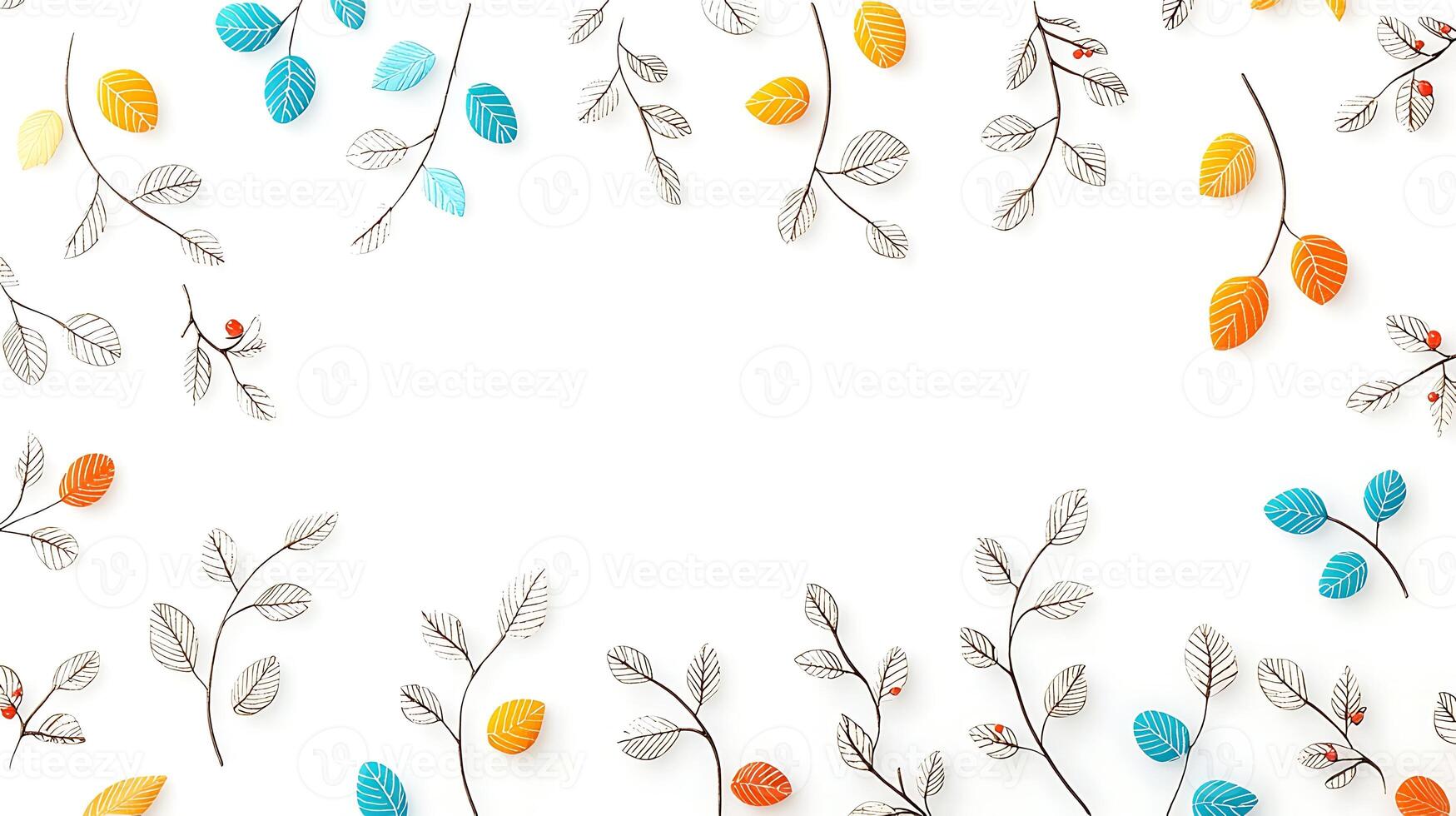 Colorful leaves and branches arranged artistically on a white background for creative design use photo