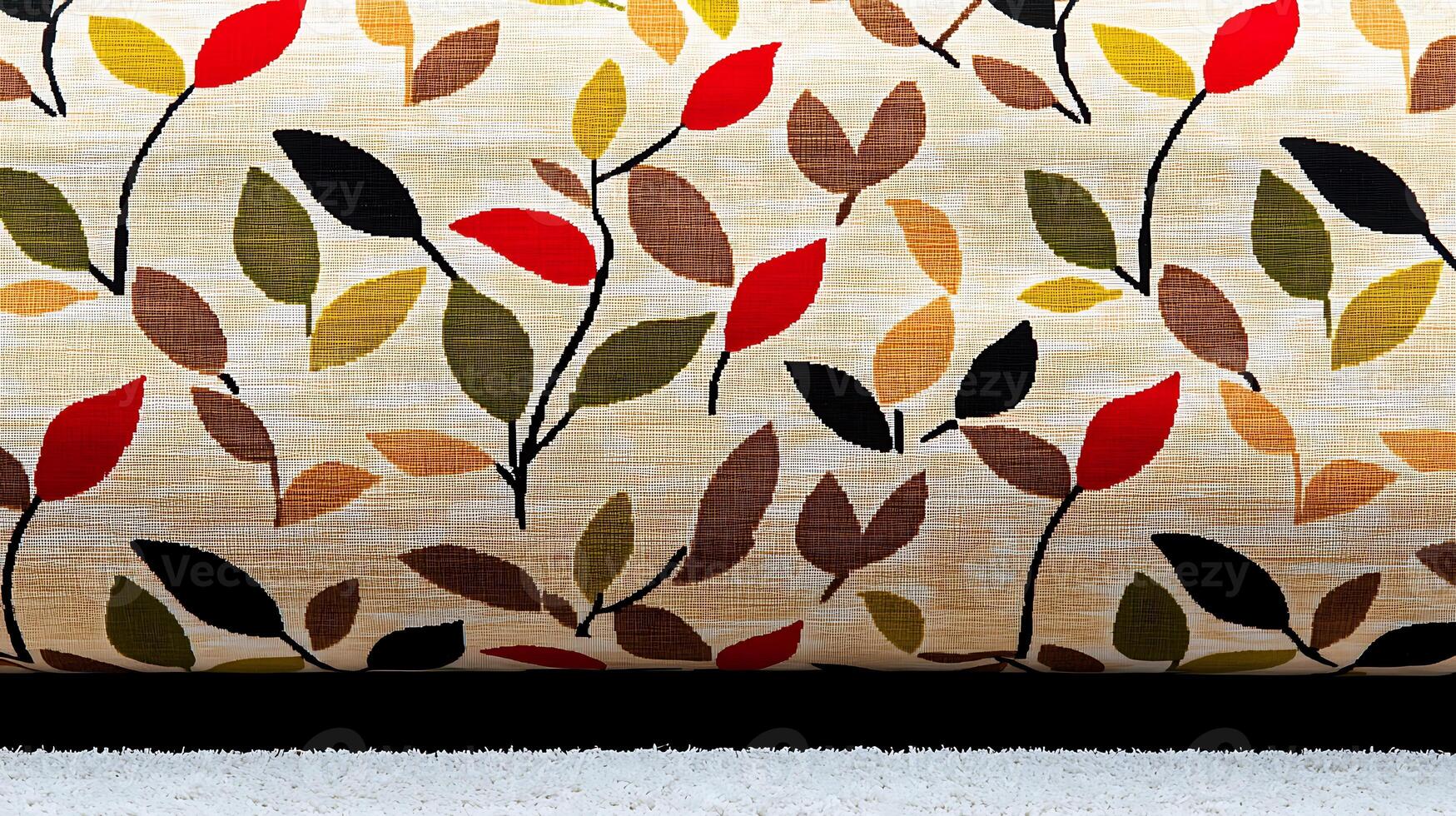 Colorful leaf-patterned fabric with a textured background, showcasing vibrant autumn hues photo