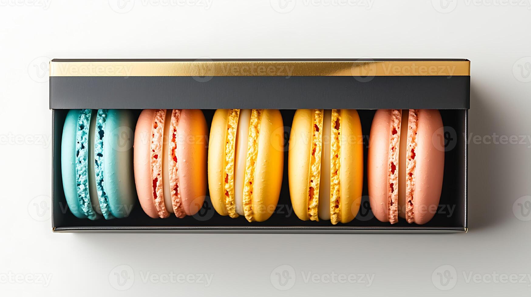 Colorful macarons arranged in a sleek black box, showcasing vibrant hues against a minimalist background photo