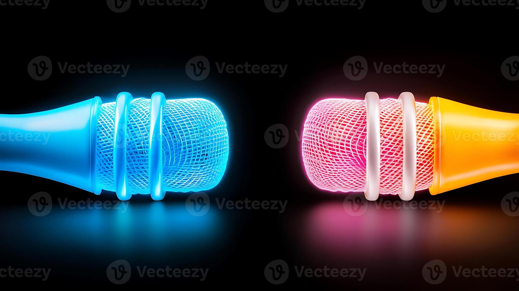 Colorful microphones glowing in contrasting blue and orange against a dark background, symbolizing music photo