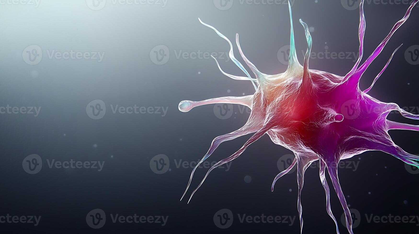 Colorful microscopic representation of a cell with intricate structures set against a soft gradient background photo