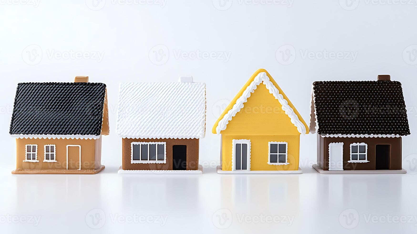Colorful miniature houses lined up on a white background, showcasing unique designs and styles photo
