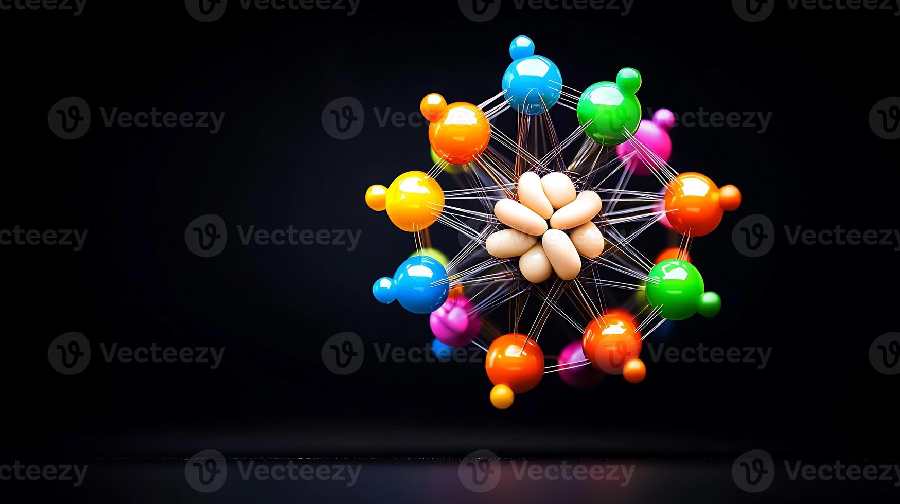 Colorful molecular structure against a dark background, representing scientific concepts and innovation photo