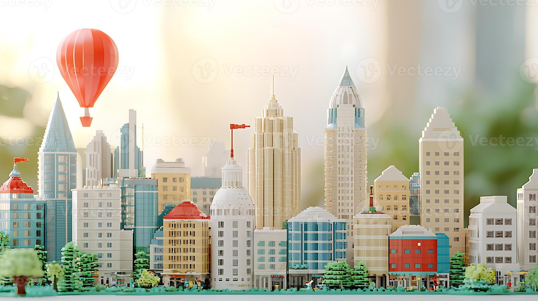 Colorful miniature cityscape with a hot air balloon, showcasing urban architecture and greenery photo