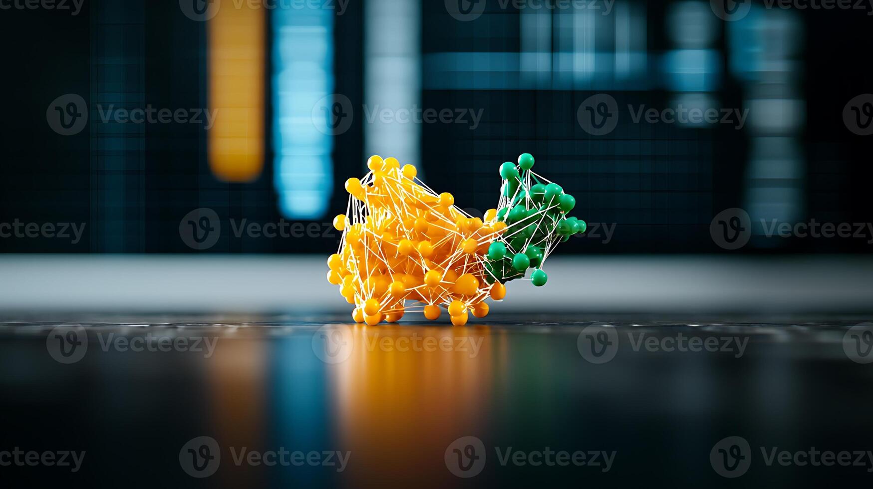 Colorful molecular structure representation on a reflective surface with data visualization in background photo