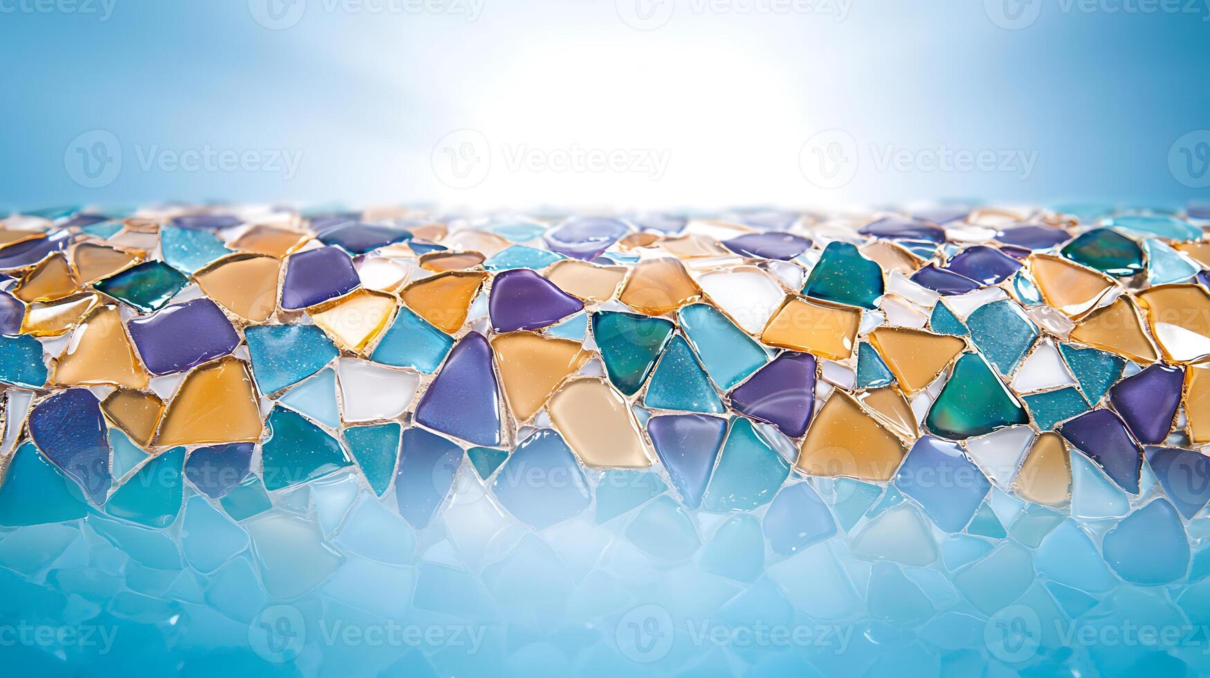 Colorful mosaic tiles reflecting sunlight over a serene water surface, creating a vibrant atmosphere photo