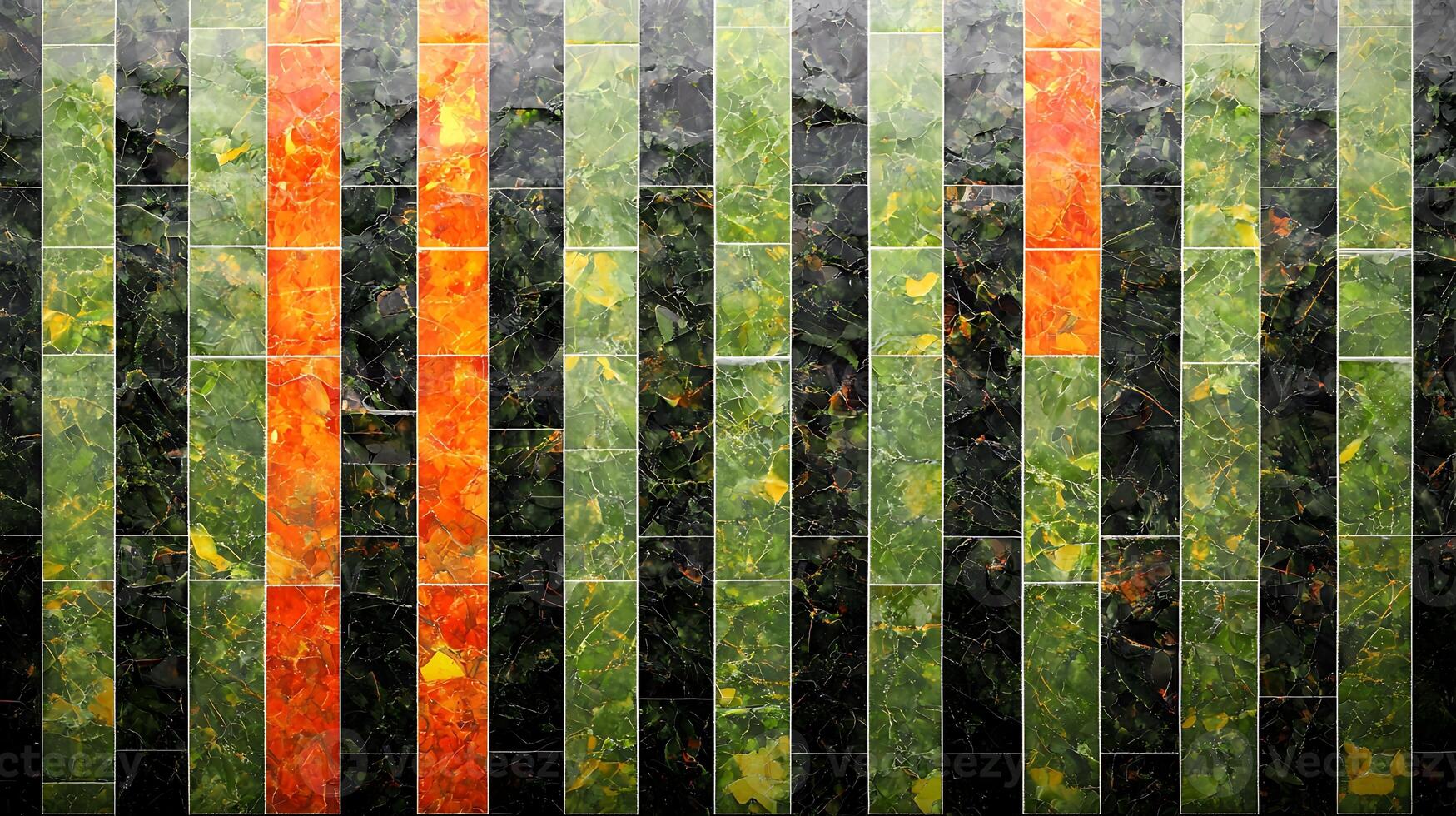Colorful mosaic wall featuring vibrant green and orange tiles creating a striking pattern photo