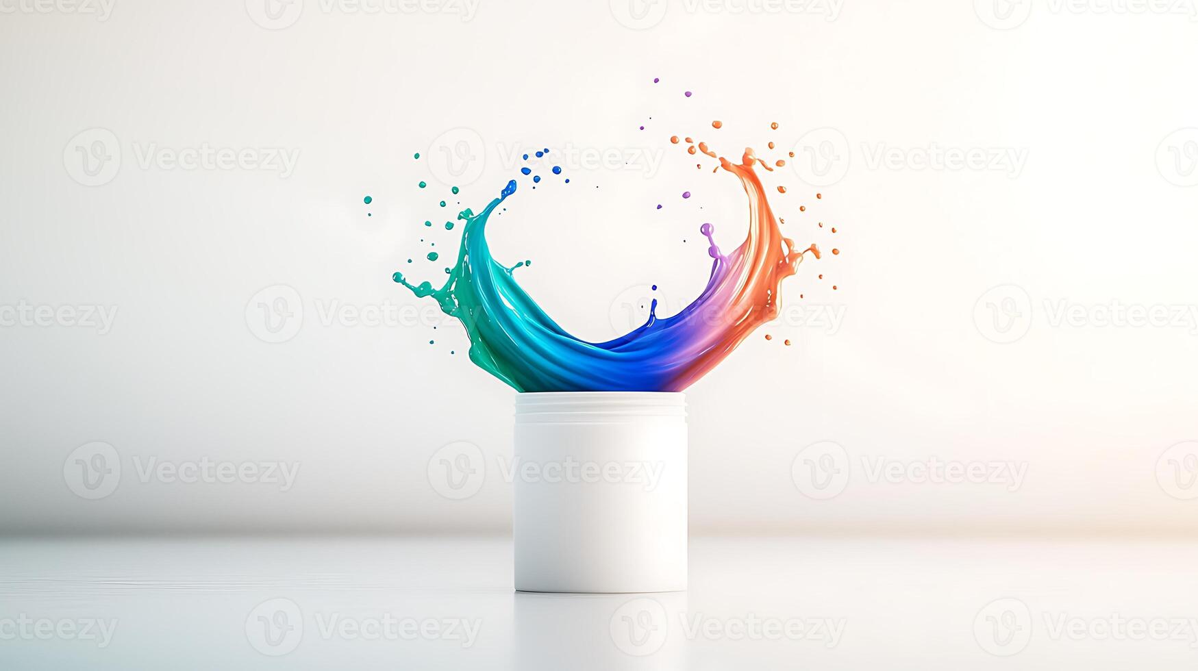 Colorful paint splash emerging from a white container against a minimalistic background photo