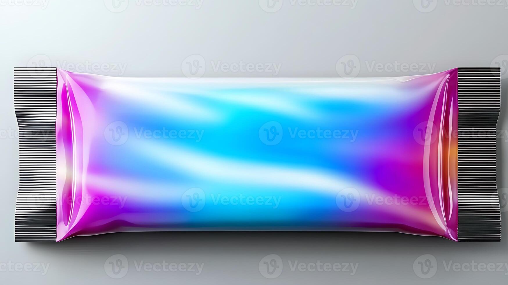 Colorful packaging of a snack bar with a smooth gradient design against a neutral background photo