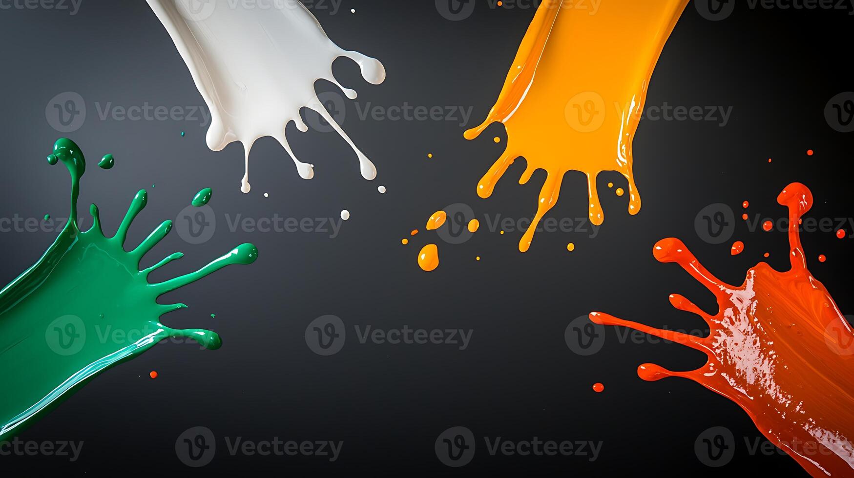 Colorful paint splashes in vibrant green, white, orange, and yellow against a dark background photo