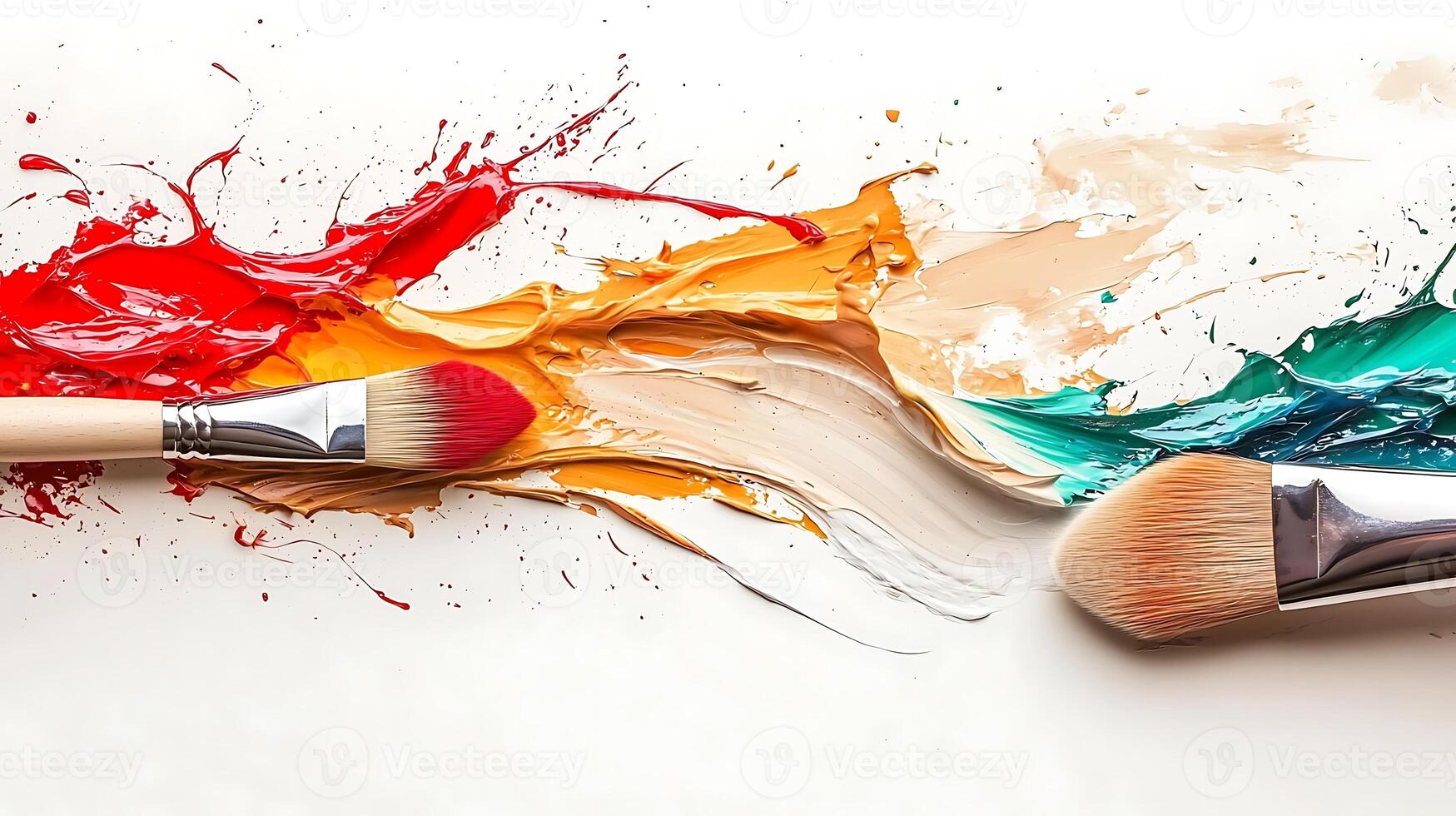 Colorful paint splashes with brushes creating an artistic scene on a white background photo