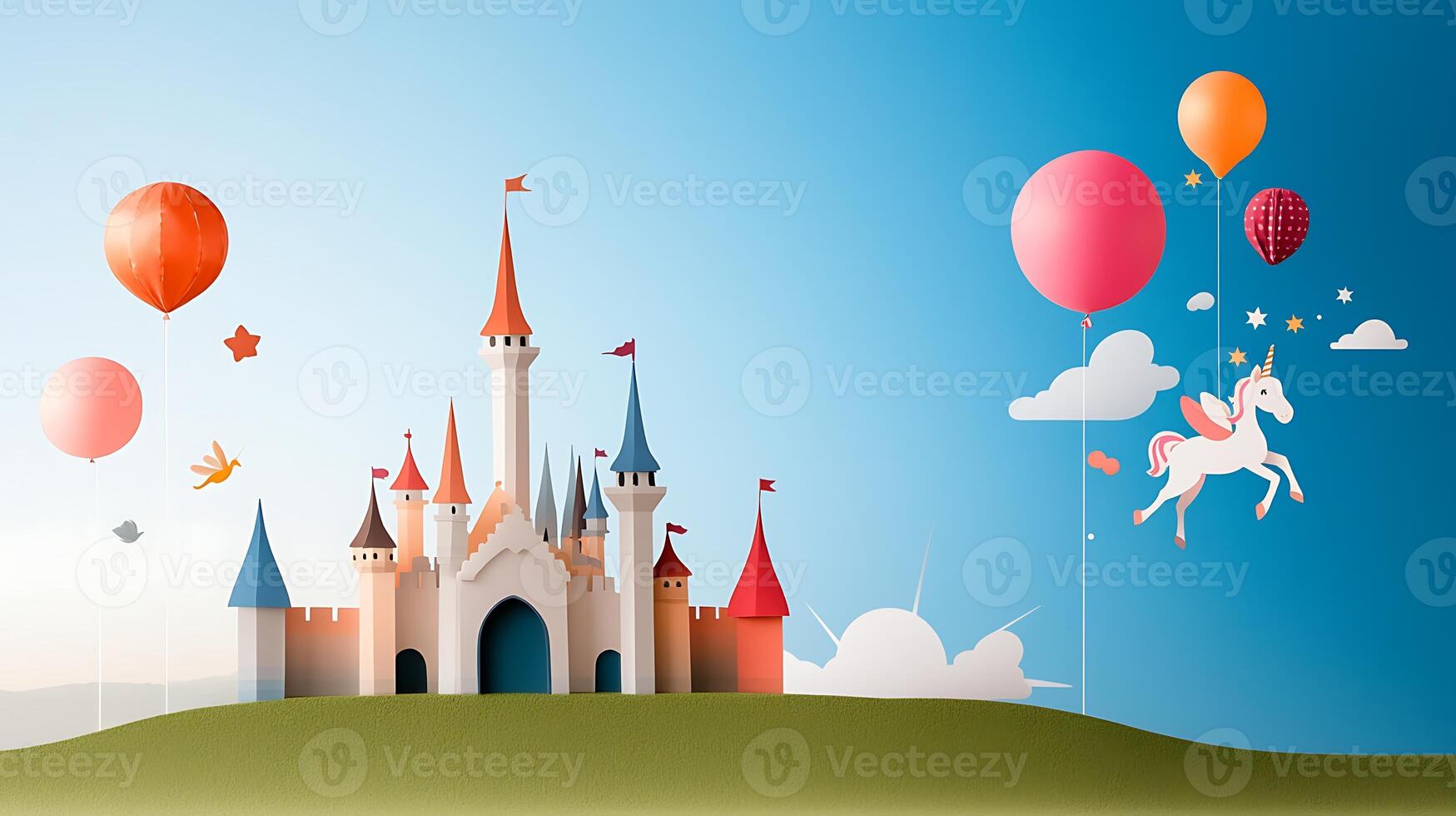 Colorful paper castle with balloons and a unicorn in a bright sky, evoking a whimsical atmosphere photo