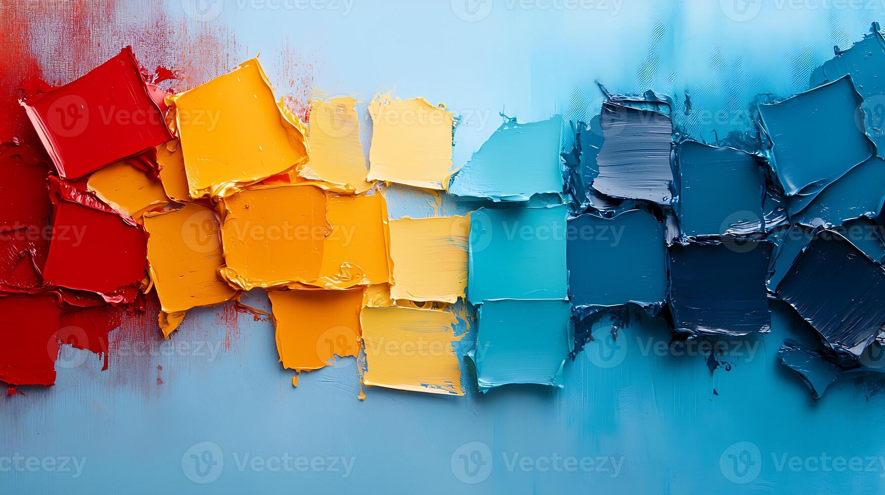 Colorful paint swatches arranged in a vibrant pattern against a smooth blue background photo