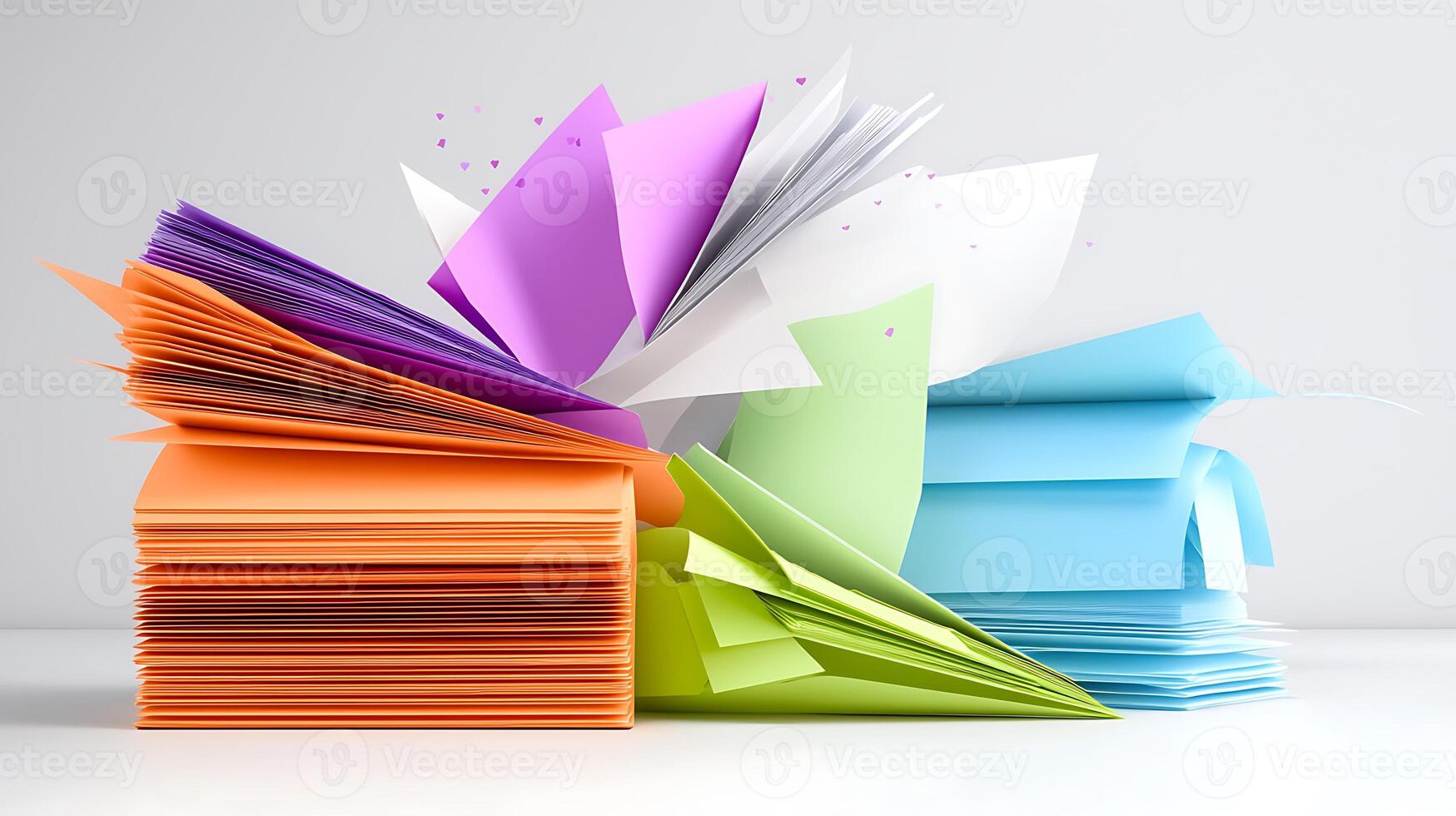 Colorful paper sheets scattered in a creative arrangement on a clean surface, showcasing vibrant textures photo