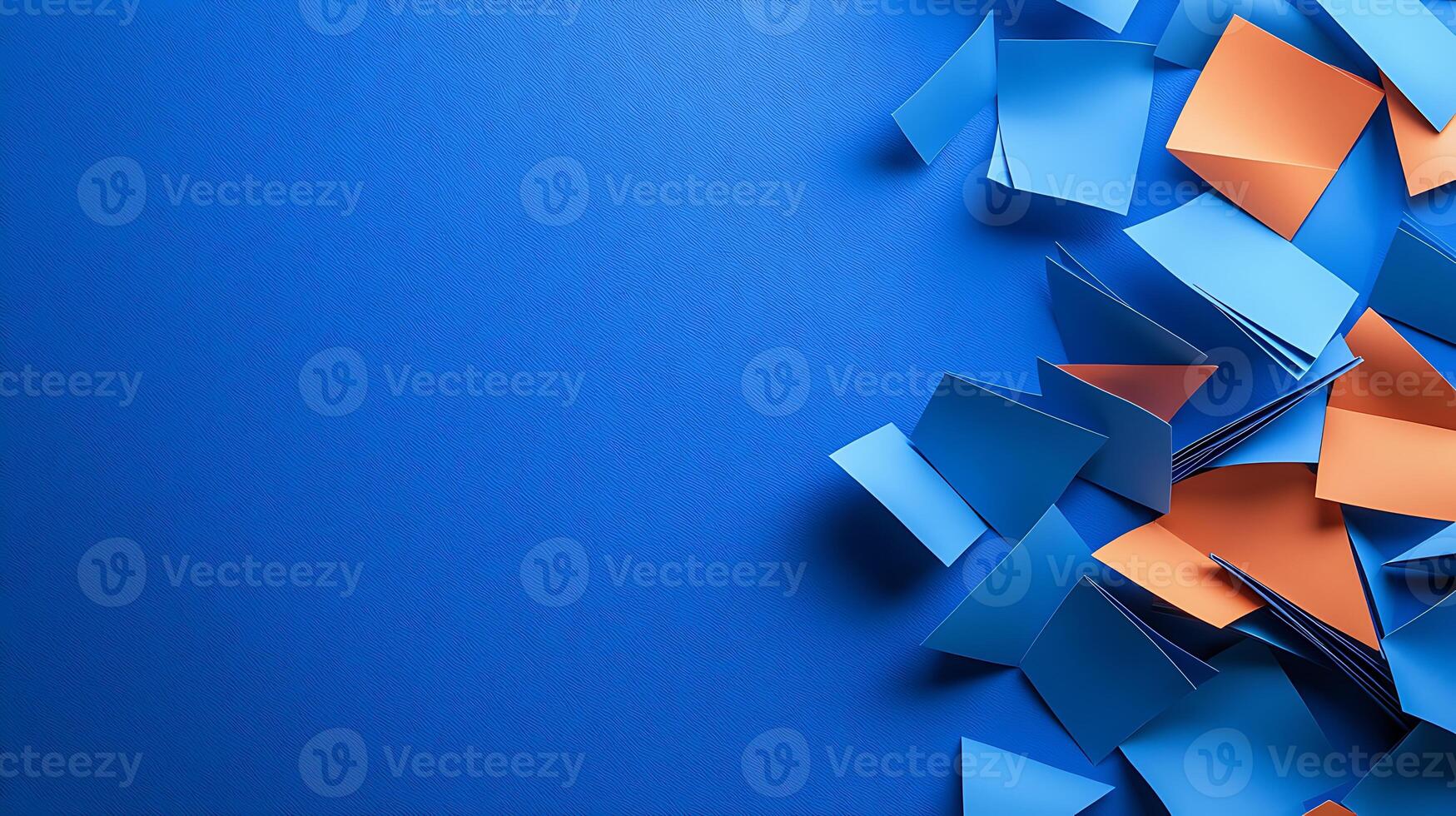 Colorful paper notes scattered on a vibrant blue background, creating a dynamic and creative atmosphere photo