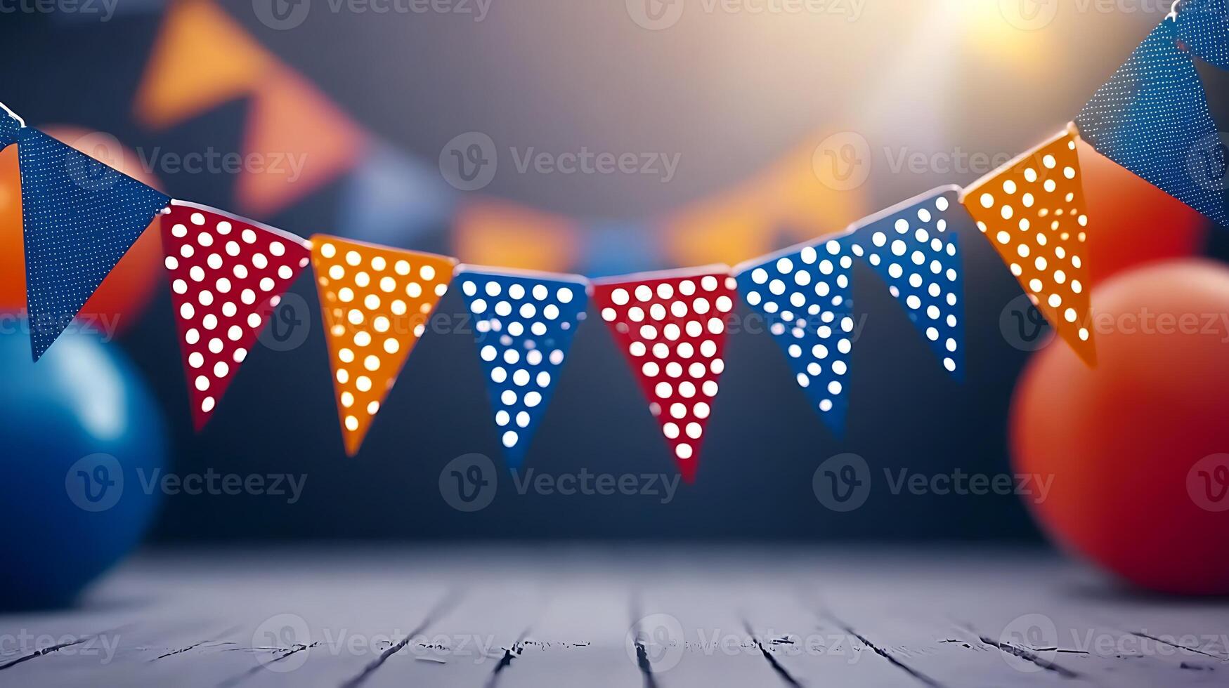 Colorful party decorations with triangular flags and balloons creating a festive atmosphere photo