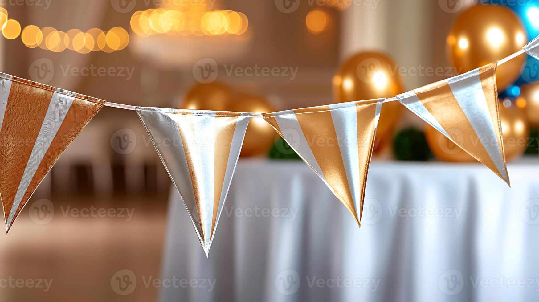 Colorful party decorations with golden and white bunting in a festive indoor setting photo