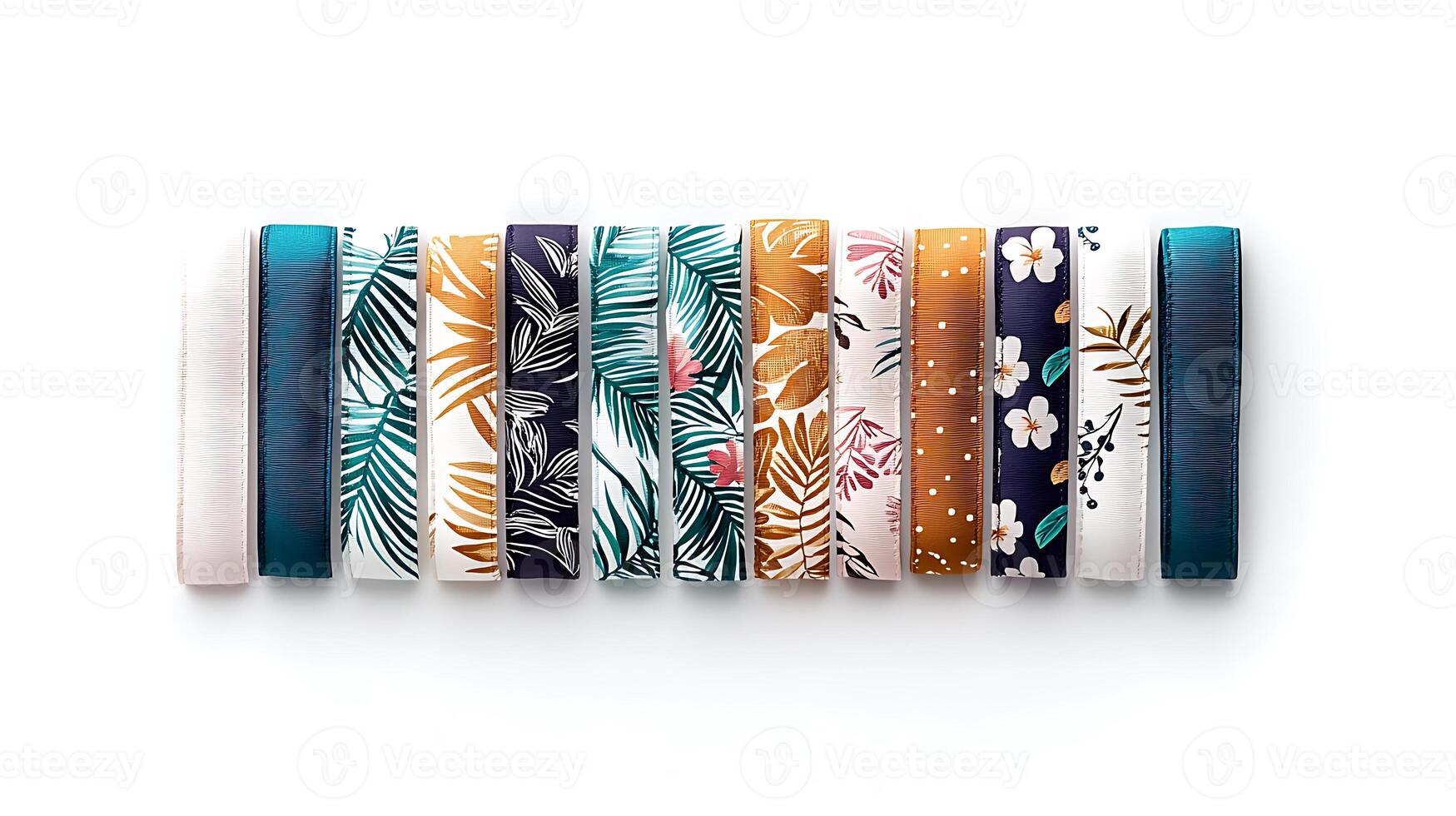 Colorful patterned ribbons arranged neatly on a white background, showcasing diverse designs photo