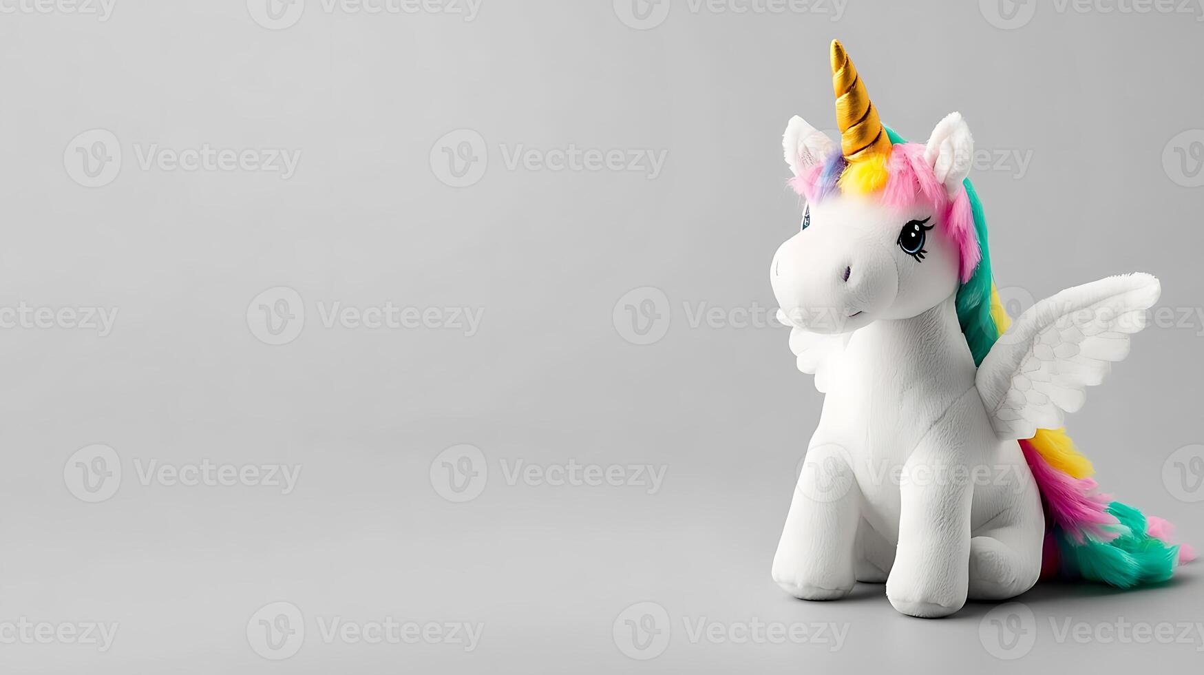Colorful plush unicorn toy sitting on a neutral background, showcasing its vibrant mane and wings photo