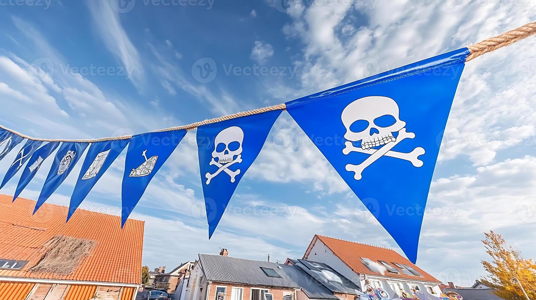 Colorful pirate-themed flags waving against a blue sky, with houses and trees in the background photo