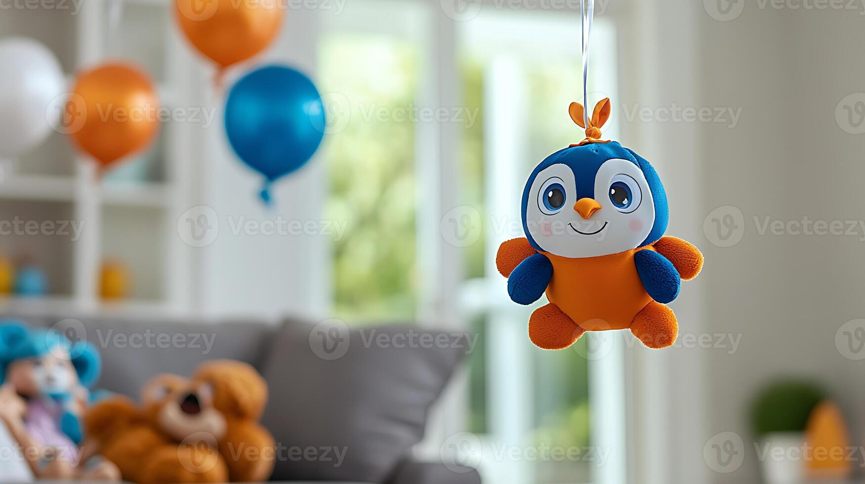 Colorful plush toy penguin hanging in a bright living room with balloons and soft toys photo