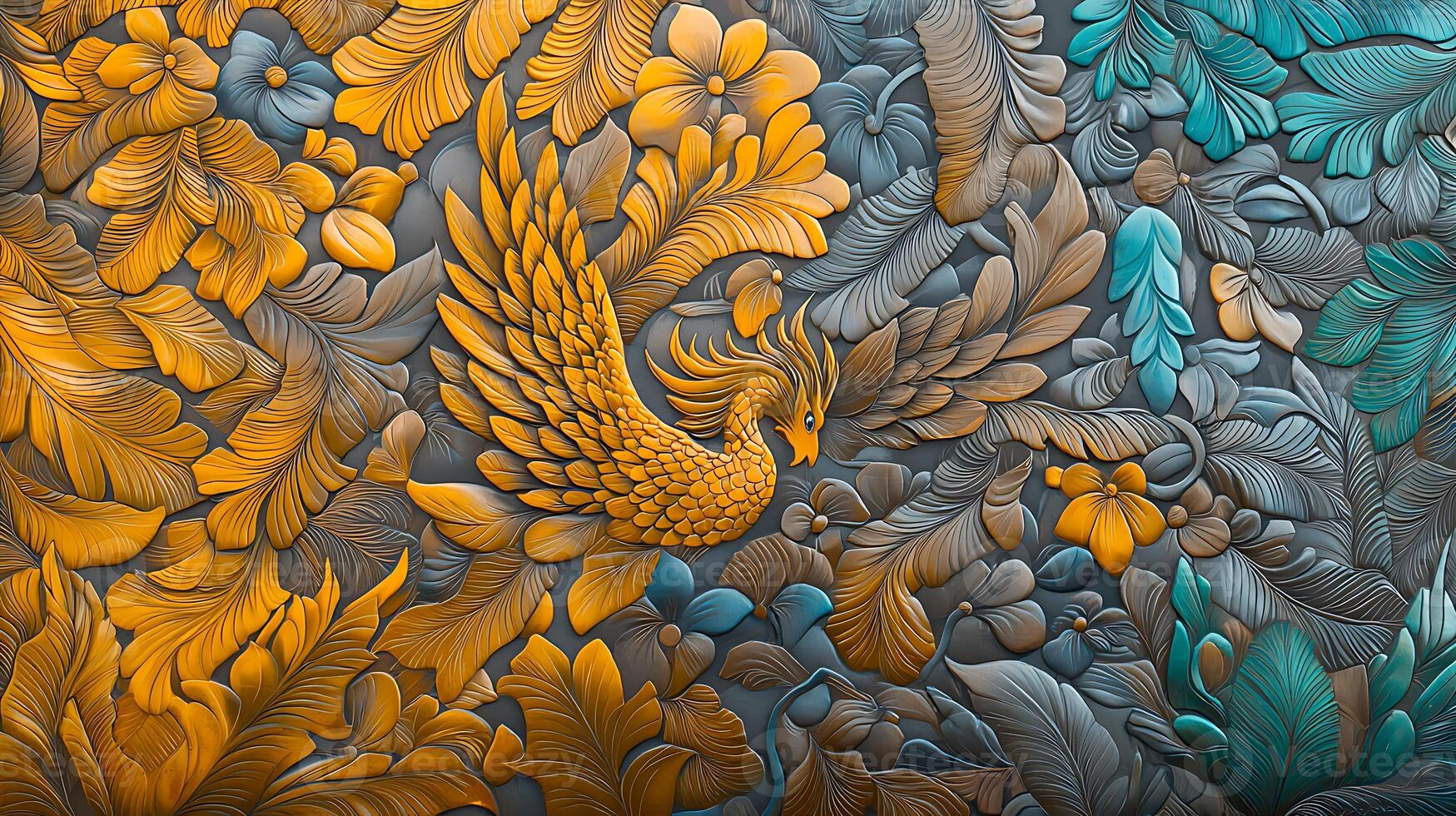 Colorful phoenix surrounded by intricate floral patterns in a vibrant, artistic design photo