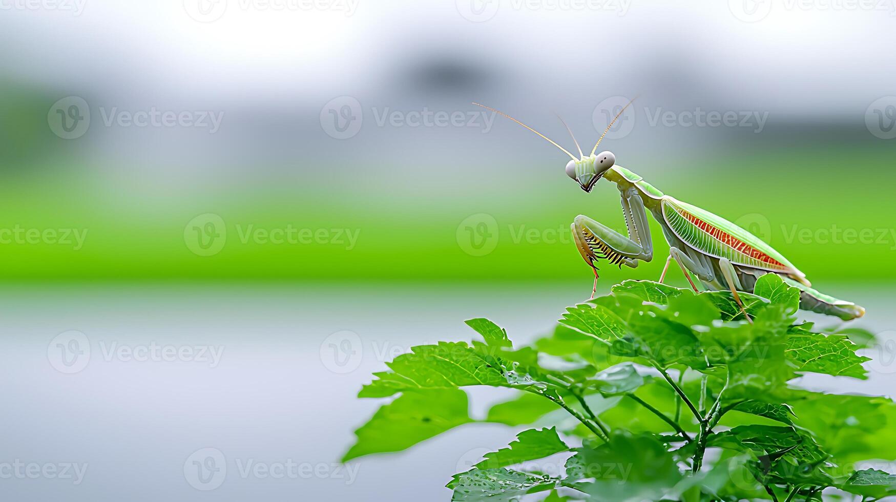 Colorful praying mantis perched on lush green foliage near a tranquil water body, serene background photo