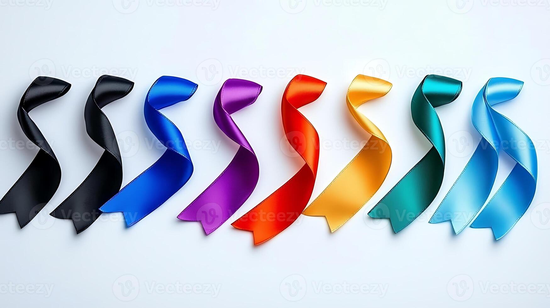 Colorful ribbons arranged in a line on a white background, ideal for celebrations and awareness events photo